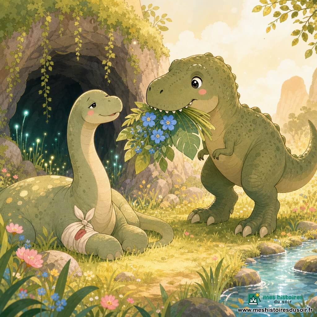 Un T-Rex vert olive souriant et déterminé apporte délicatement un bouquet de grandes feuilles et fleurs bleues dans sa gueule à un diplodocus long et doux, cou élancé et taches crème, allongé et visiblement soulagé, avec une écharpe improvisée autour d'une patte blessée; en arrière-plan l'entrée mousseuse d'une grotte et, autour, une clairière baignée de lumière dorée, herbes ondulantes, fleurs colorées et un petit ruisseau, le tout dans une palette douce (verts tendres, bleus clairs, jaunes chauds, accents roses) et un style kawaii minimal à formes simples et contours nets.