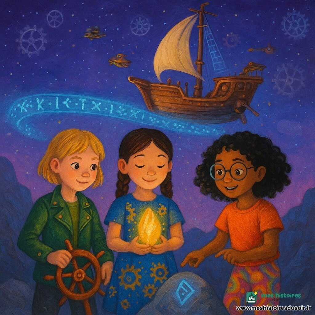 Trois filles de 7 ans réunies au sommet d'une montagne de roche grise polie : Lila, cheveux bruns en tresses, petite robe bleue à motifs d'engrenages dorés, tient un cristal lumineux au centre ; Zoé, cheveux blonds courts, veste en cuir vert à rivets cuivrés, tient la barre d'une caravelle comme pour la gouverner à gauche ; Jade, cheveux noirs bouclés, pantalon coloré et lunettes rondes, pointe une rune brillante sur une pierre à droite. Derrière elles, une caravelle en bois enchanté suspendue est reliée à la montagne par un pont de lumière flottant fait de runes azur, de petites machines volantes et une cascade de particules scintillantes se découpent sur un ciel violet étoilé agrémenté d'engrenages translucides. Les trois amies, main dans la main autour du cristal qui diffuse une douce lumière dorée, s'apprêtent au départ dans une ambiance science-fantasy lumineuse aux détails steampunk (engrenages, rivets, tuyaux cuivrés) et textures peintes à l'acrylique, couleurs vives et contrastées.