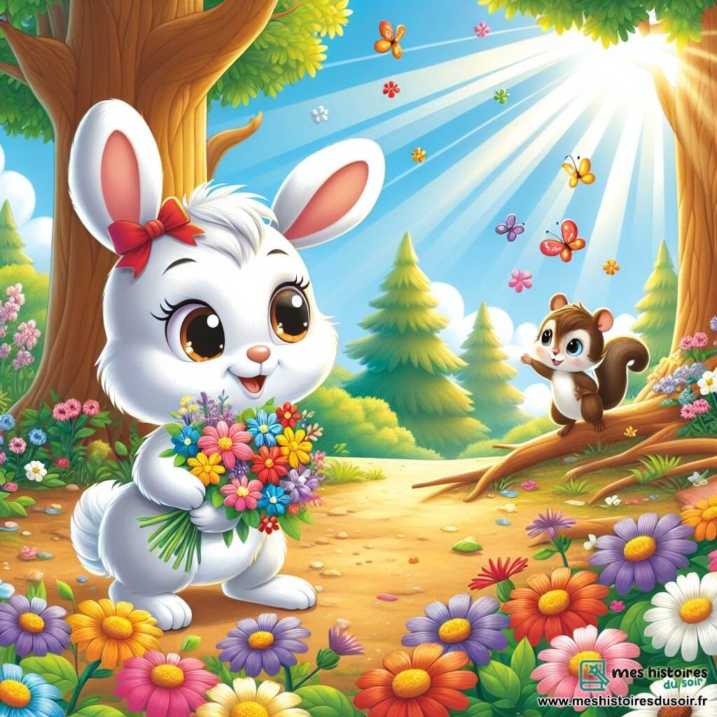 Un petit lapin nommé Loulou, avec un pelage blanc et de grandes oreilles, sourit en tenant des fleurs colorées. À sa droite, une petite souris nommée Minette, avec un pelage gris et un nœud rouge, l'encourage. À gauche, un écureuil nommé Grignote grimpe à un arbre, prêt à attraper les fleurs. La scène se déroule dans une forêt ensoleillée, avec des rayons de lumière, des fleurs multicolores et un chemin en terre battue. Loulou, Minette et Grignote courent joyeusement après des fleurs s'envolant dans le vent, créant une atmosphère de fête et d'amitié.