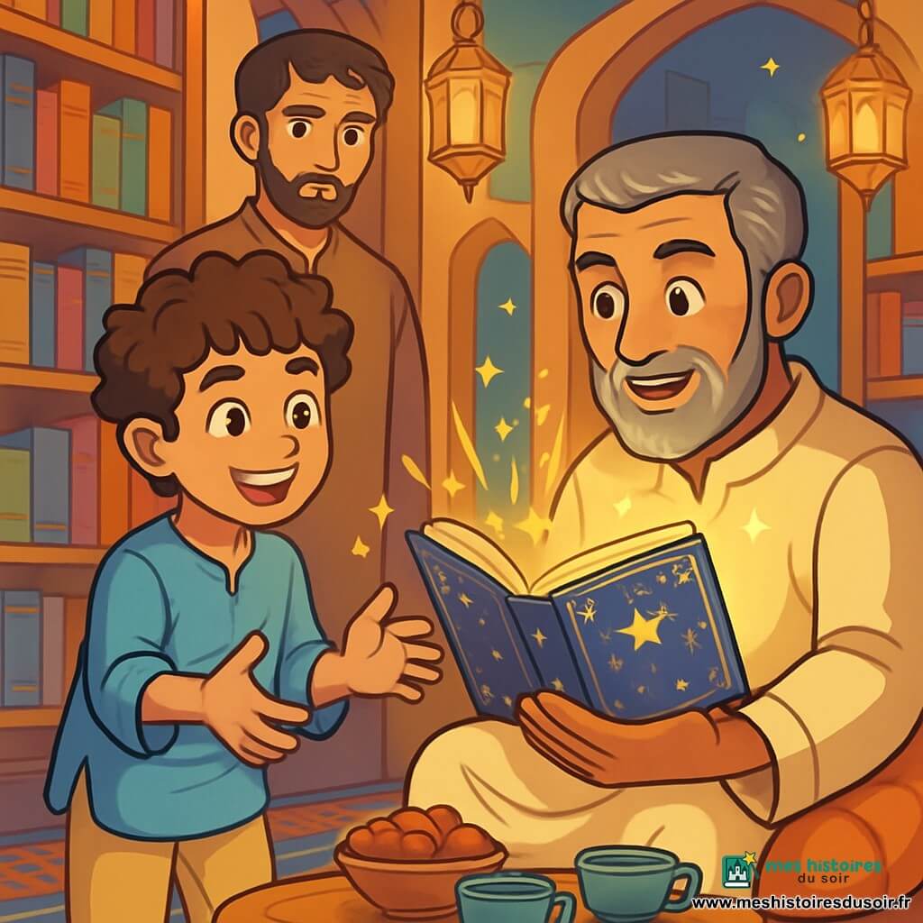Samir, un jeune homme d'environ 12 ans aux cheveux bruns bouclés et aux yeux curieux, se tient au centre de la scène dans une librairie magique. Il porte une tunique en lin bleu clair et un pantalon beige, affichant un sourire joyeux. À ses côtés, Anwar, un homme d'environ 60 ans avec des cheveux poivre et sel et une barbe soignée, est assis sur un coussin, tenant un livre ancien et regardant Samir avec bienveillance. Rayan, un homme d'environ 30 ans au visage sérieux mais doux, observe la scène avec espoir. Les murs de la librairie sont ornés de livres colorés, et des lanternes diffusent une lumière chaleureuse. Samir tend les mains vers un livre aux marges étoilées pendant qu'Anwar lui parle d'histoires et de paix. Rayan semble prêt à s'engager dans cette quête, l'atmosphère étant empreinte de magie et de camaraderie, annonçant une aventure à venir.
