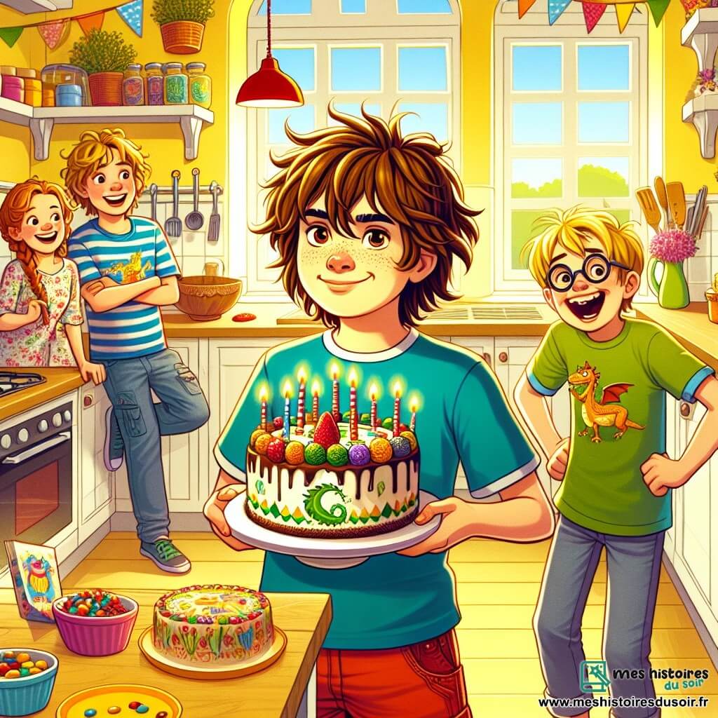 Un garçon de 11 ans, Léo, est au centre de l'image avec des cheveux châtains en bataille et un grand sourire. Il porte un t-shirt bleu avec un dragon et un short rouge, tenant un gâteau décoré de bonbons. À sa droite, Max, également 11 ans, avec des cheveux blonds et des lunettes rondes, regarde le gâteau avec amusement, portant un t-shirt vert et un jean. À gauche, Emma, 10 ans, avec de longs cheveux bruns et des nattes, rit en portant une robe à fleurs. La scène se déroule dans la cuisine ensoleillée de Léo, avec des murs jaunes et une ambiance festive. Léo présente son faux gâteau d'anniversaire rempli de légumes, suscitant rires et amitié.