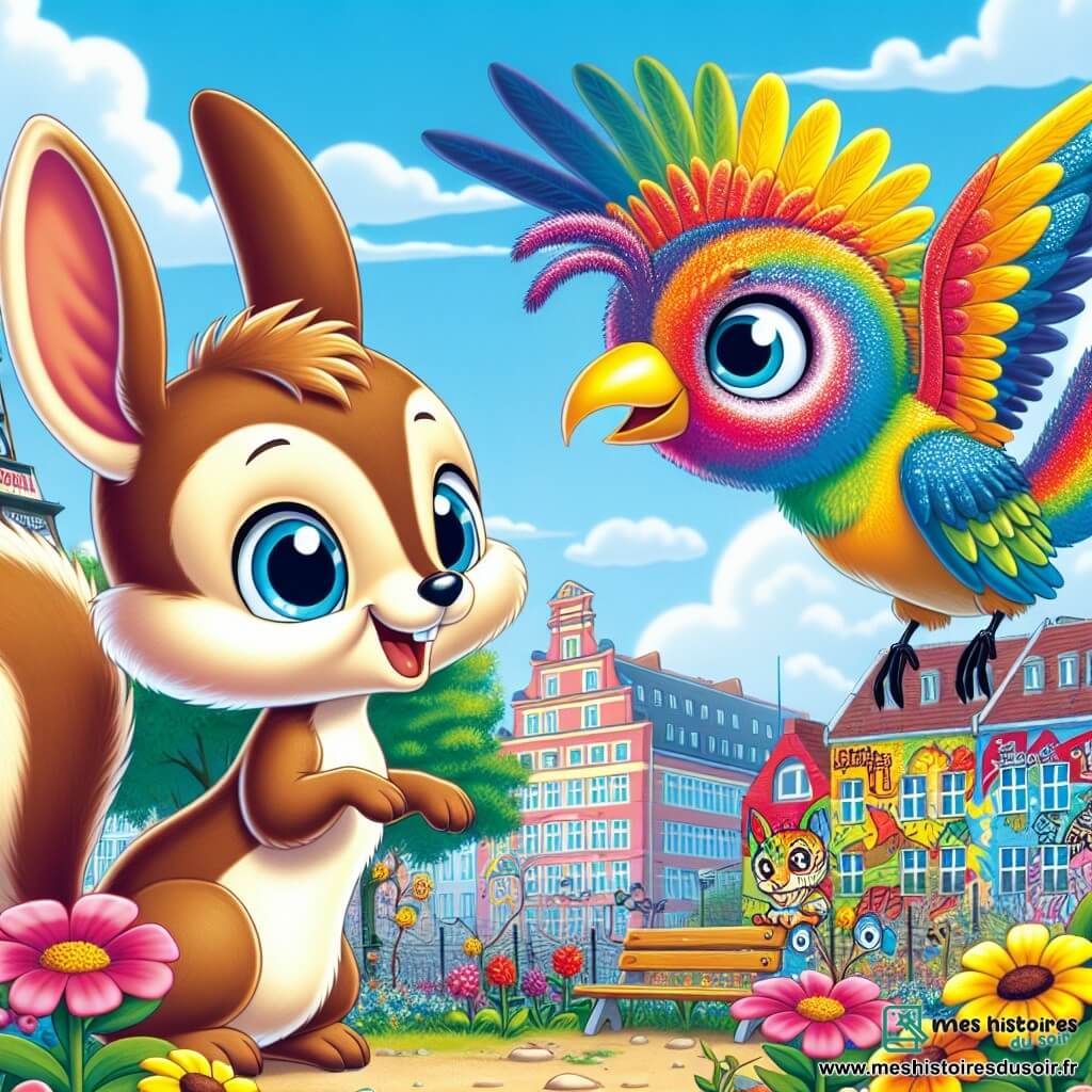Grignote, un petit écureuil aux grandes oreilles et à la fourrure brun clair, saute joyeusement dans un jardin coloré à Berlin, entouré de fleurs éclatantes. Ses yeux brillent de curiosité en regardant Lume, un oiseau aux plumes arc-en-ciel, qui se perche sur une fleur et semble heureux d'expliquer une énigme. En arrière-plan, des bâtiments colorés de Berlin avec des graffitis artistiques et un ciel bleu clair créent une atmosphère joyeuse et magique, illustrant la découverte du jardin et de l'amitié par Grignote.