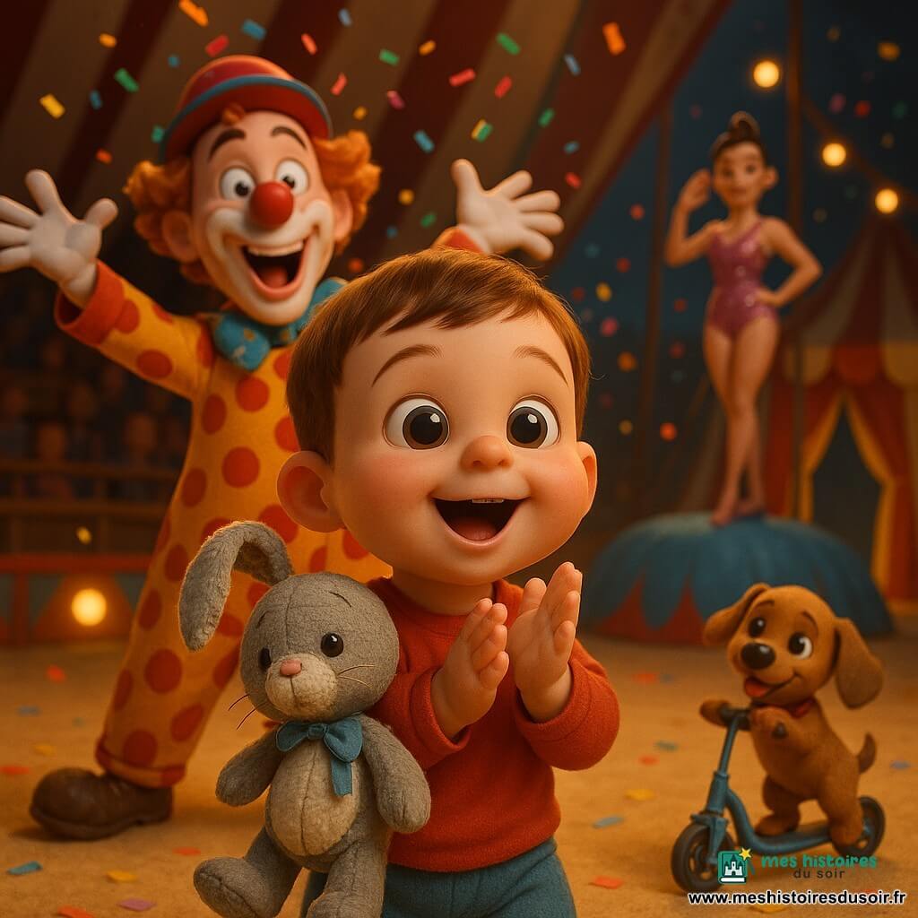 Un garçon de 2 ans, émerveillé et souriant, yeux ronds, joues roses, cheveux châtains courts, serre contre sa poitrine son doudou Lapinou gris et blanc aux coutures visibles et au ruban bleu clair, tandis qu'un clown adulte coloré au maquillage doux et costume à pois rouges et jaunes lance des confettis derrière lui, un petit chien brun avec nœud papillon rouge arrive doucement sur une trottinette et s'arrête au pied de la loge, et, à l'arrière-plan, une trapéziste en paillettes rose se tient sur un grand coussin bleu légèrement suspendue ; le tout sous un chapiteau rayé rouge et blanc avec gradins en bois, projecteurs chauds projetant des cercles de lumière dorée et confettis multicolores flottants, textures douces, couleurs vives et éclairage chaleureux avec ombres douces pour un rendu 3D de film d'animation accueillant.
