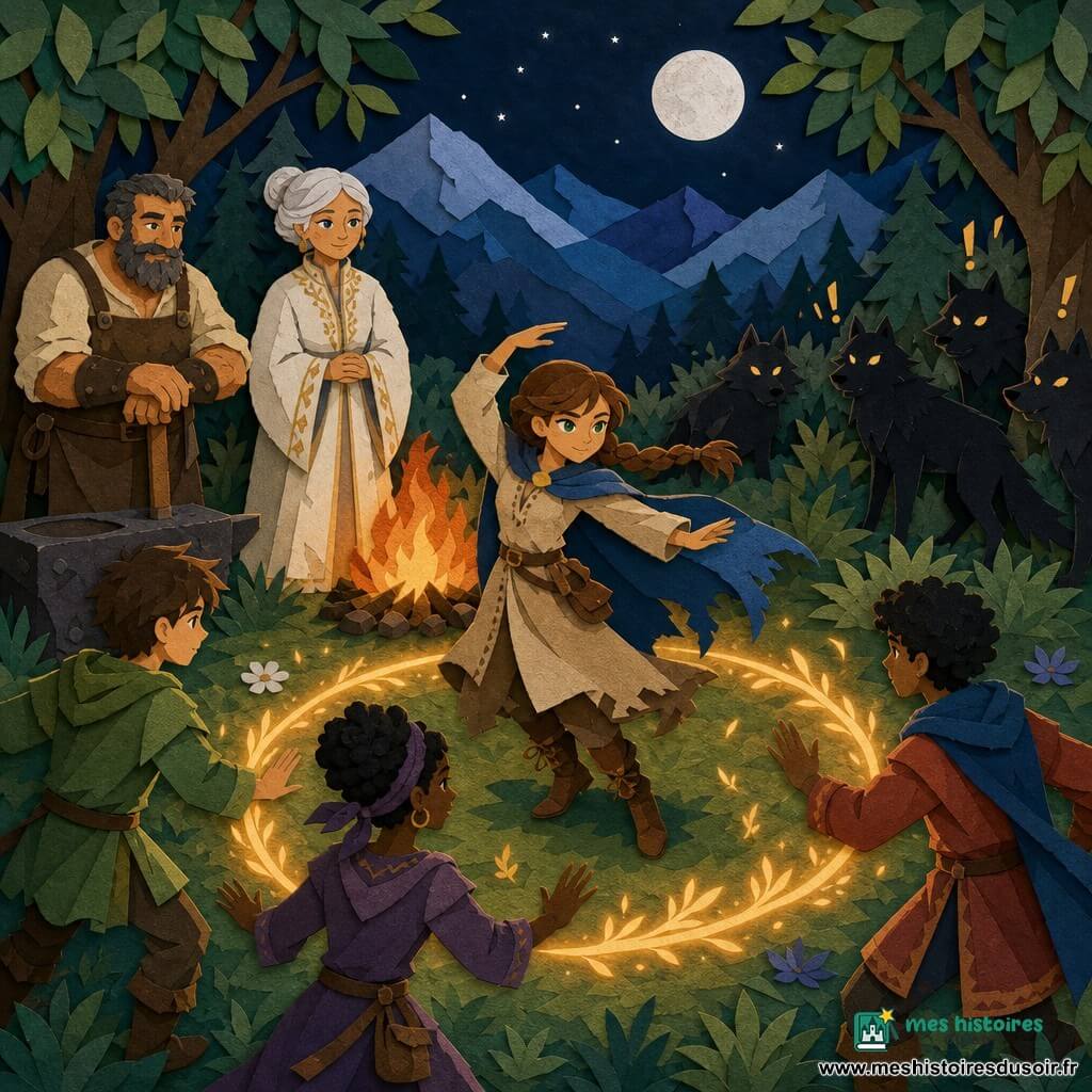 Maëlle, jeune cartographe d'environ 16 ans au visage rond et yeux verts, cheveux châtains en tresse, porte une tunique sable et une cape bleue usée ; elle danse au centre d'une clairière nocturne, concentrée et déterminée, formant avec les autres un cercle lumineux qui repousse sans violence une meute de loups stylisés aux yeux jaunes. À sa gauche, Thibault, forgeron trapu d'environ 45 ans à la barbe grisonnante et tablier de cuir, la soutient en tenant un maillet; derrière, Elda, cheffe d'environ 50 ans aux cheveux argentés en chignon et robe blanche brodée d'or, observe les mains jointes, bienveillante. Autour, deux garçons et une fille adolescents aux vêtements colorés miment des gestes de protection ; la clairière est éclairée par un grand feu orange et une lune argentée, herbe texturée, arbres aux feuilles découpées et montagnes bleutées à l'horizon, créant un contraste chaud-froid et une ambiance magique.