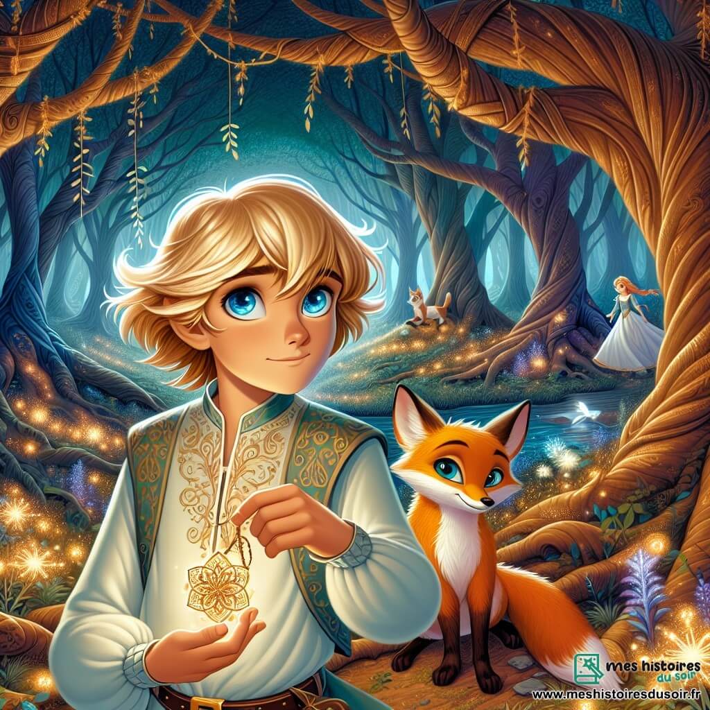 Au centre de l'image, Élior, un jeune prince de 12 ans, affiche une expression déterminée. Il a des yeux azur et des cheveux blonds flottant au vent, portant une tunique légère ornée de motifs dorés. Dans sa main, il tient un pendentif étoilé, symbole de courage. À ses côtés, Filou, un petit renard rusé au pelage orange vif, l'observe avec admiration, assis sur ses pattes arrière, prêt pour l'aventure. En arrière-plan, la Forêt des Murmures présente des arbres noueux et des fleurs luminescentes, créant une ambiance magique. Élior et Filou se tiennent devant une clairière lumineuse où une fée aux ailes scintillantes les attend, Élior semblant prêt à relever un défi tandis que Filou s'approche curieusement de la fée, instaurant une atmosphère d'émerveillement.