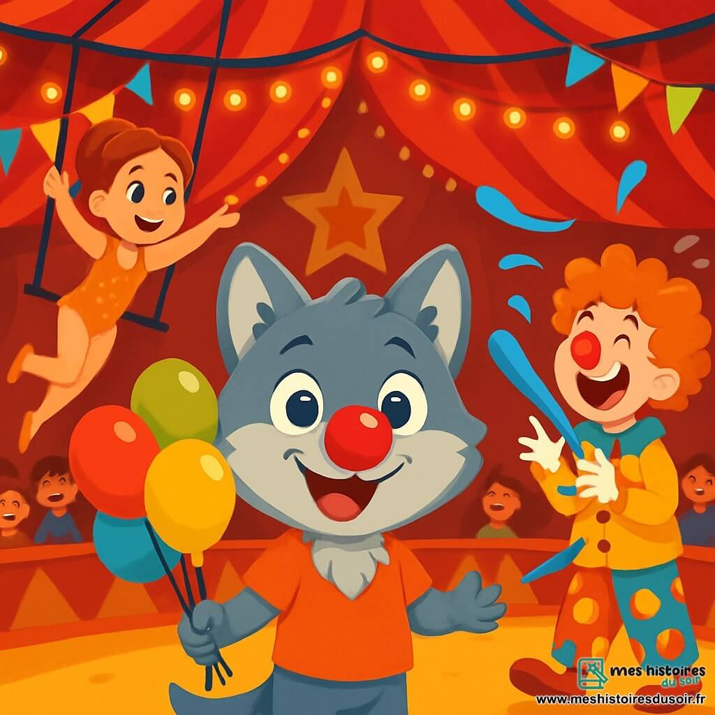 Un petit loup nommé Léo, avec un pelage gris et des yeux joyeux, se tient au centre de la scène, souriant. Il porte un nez de clown rouge et tient des ballons colorés. À sa droite, Coco, un clown avec des cheveux ébouriffés et un costume multicolore, rit en essayant de gonfler un ballon qui s'échappe. À gauche, Stella, une trapéziste gracieuse en costume scintillant, s'apprête à sauter, son visage rayonnant d'excitation. Le chapiteau de cirque est flamboyant, avec des lumières scintillantes et des banderoles colorées. Des spectateurs émerveillés attendent le spectacle, tandis que Léo et ses amis se préparent, créant une ambiance joyeuse et festive.