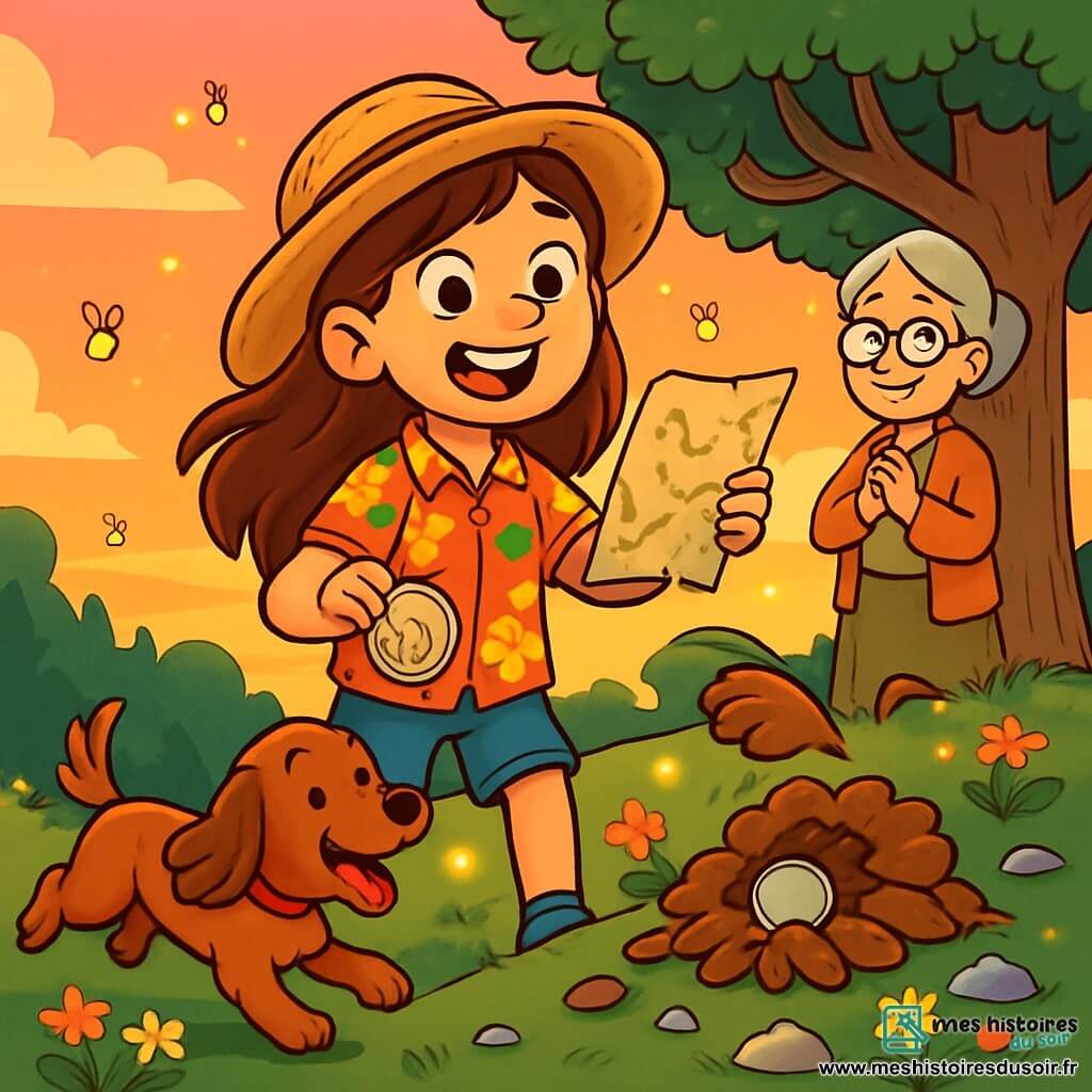 Lila, une fille de 10 ans aux longs cheveux bruns et aux yeux curieux, se tient au sommet d'une colline verdoyante, souriante, chapeau de paille sur la tête et carte au trésor en main. Son chien cocker, Max, court joyeusement à ses pieds, aboyant après des lucioles. En arrière-plan, sa grand-mère, une femme âgée aux cheveux gris et lunettes rondes, l'observe avec fierté près d'un vieux chêne. Le ciel, teinté de rose et d'orange, annonce le coucher du soleil, tandis que des lucioles illuminent la scène. Lila découvre un médaillon en argent caché sous des feuilles, tandis que Max explore autour d'elle, ajoutant de la joie à leur aventure.