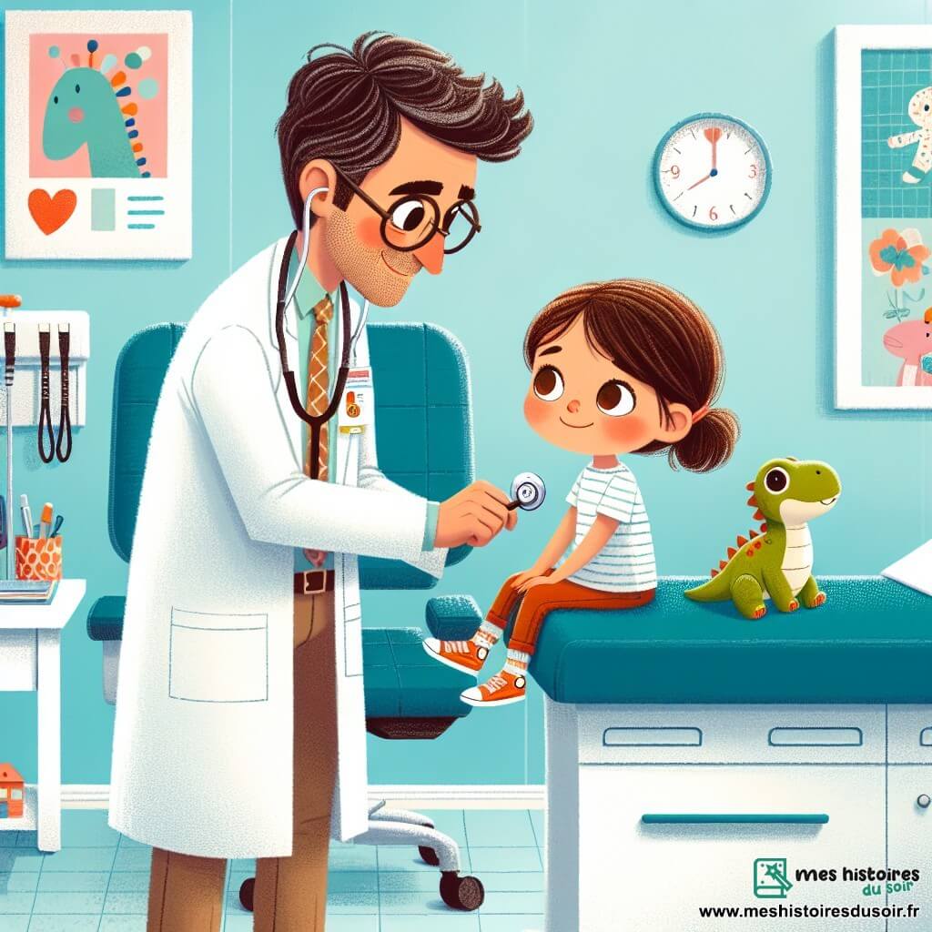 Le docteur Martin, un homme d'environ 40 ans en blouse blanche et lunettes rondes, sourit chaleureusement en examinant Clara, une petite fille de 8 ans assise sur la table d'examen. Ses grands yeux bruns trahissent une certaine appréhension, mais un léger sourire apparaît lorsqu'elle aperçoit le dinosaure en peluche que le docteur lui a apporté. La scène se déroule dans une salle d'examen lumineuse, aux murs bleu pastel, décorée de posters colorés sur la santé des enfants et de jouets sur une étagère. Le docteur Martin rassure Clara en lui expliquant l'examen tout en lui montrant le dinosaure, créant une atmosphère réconfortante.