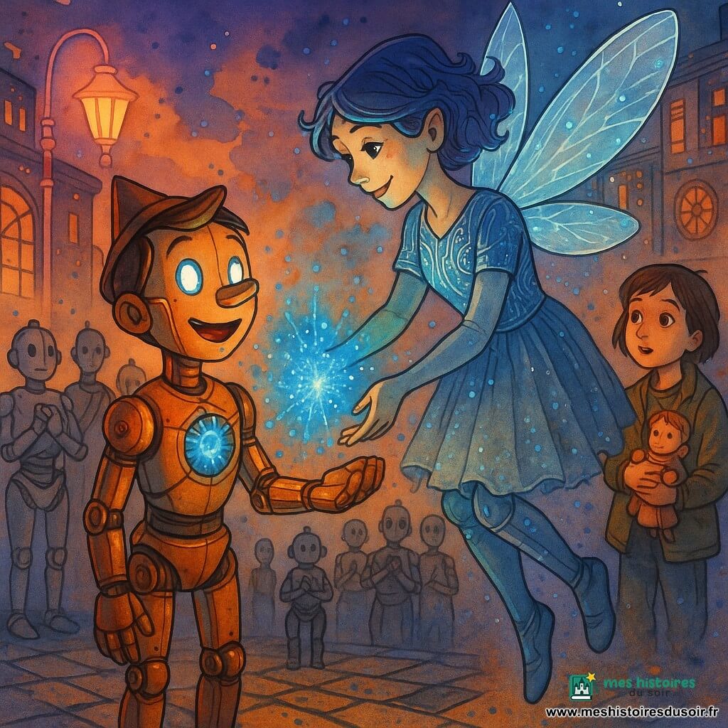 Pinocchio, petit robot en bois verni aux yeux LED brillants, regarde émerveillé en tendant la main gauche vers la Fée cybernétique — une femme légère aux ailes en fibre optique scintillante et robe de circuits qui effleure sa paume en libérant des étincelles bleues; une fillette d'une dizaine d'années, cheveux courts bruns et veste usée, observe à droite en tenant une poupée, tandis qu'en demi-cercle quelques robots aux silhouettes métalliques regardent attentifs; la scène se déroule sur une place futuriste mêlant pavés et plaques de métal, lampadaires holographiques et bâtiments en verre, au crépuscule violet-orange, alors que la Fée transfère une lueur bleue qui entoure le cœur mécanique de Pinocchio dans un moment magique d'espoir et de transformation.