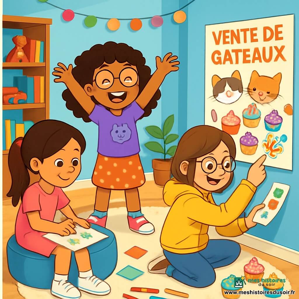 Il y a trois personnages : Zoé, une fille de 9 ans avec des cheveux bouclés et des lunettes rondes, portant un t-shirt violet et une jupe à pois, souriante et entourée de crayons ; Inès, également âgée de 9 ans, avec des cheveux longs en queue de cheval, vêtue d'une robe rose et assise sur un pouf bleu en train de dessiner des fleurs ; et Manon, avec des cheveux châtains et des lunettes carrées, portant un sweat jaune et un jean, accroupie en collant des autocollants sur une affiche. L'action se déroule dans une chambre d’enfant lumineuse avec des murs bleu clair, des étagères de livres et de jouets, des guirlandes de pompons et un tapis moelleux. Les trois amies préparent une vente de gâteaux pour aider un chat malade, riant ensemble au milieu de dessins d'animaux et de gâteaux colorés, avec une affiche géante d'animaux du quartier au mur.
