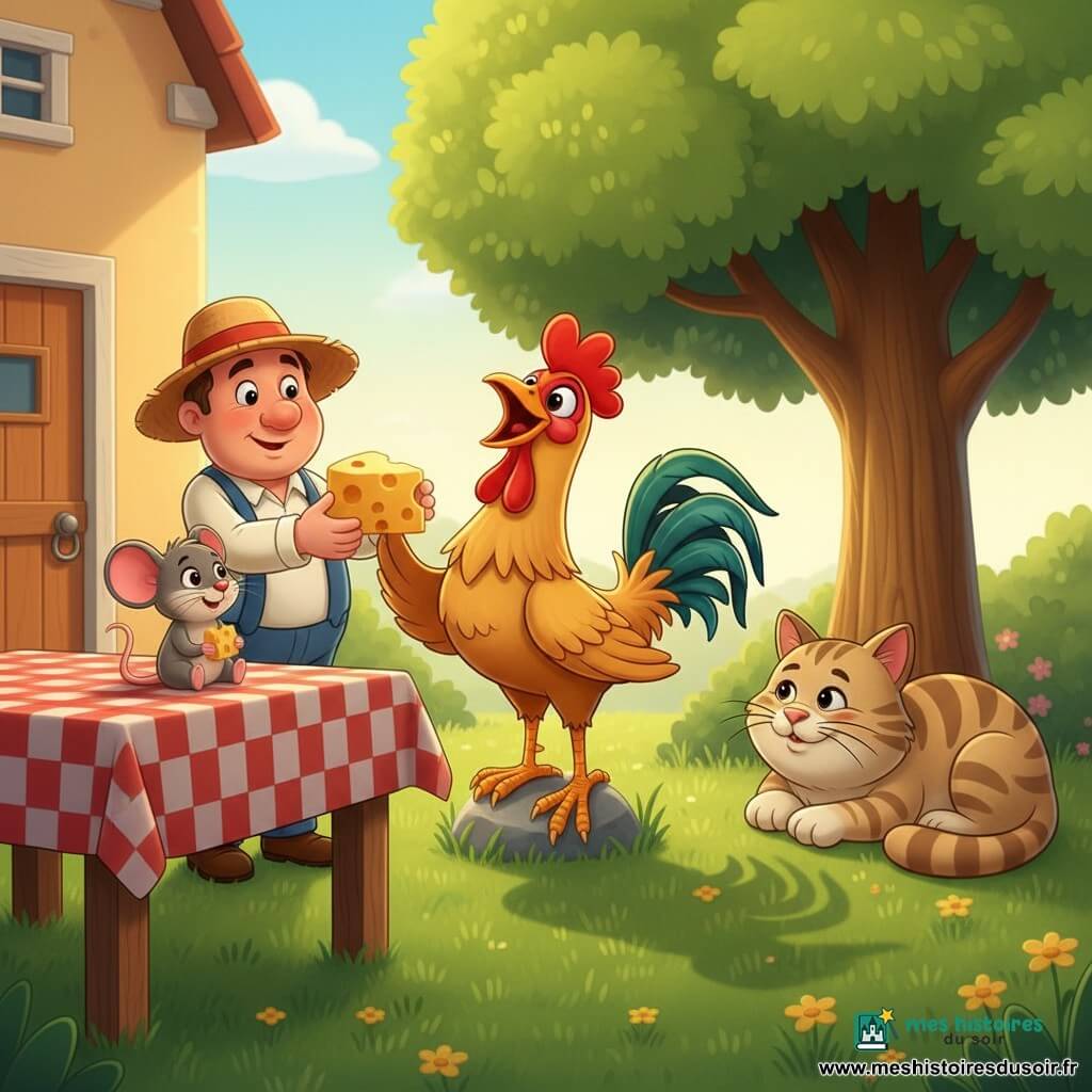 Un coq joyeux et fier aux plumes dorées et à la crête rouge chante sur une petite pierre, une petite souris grise nommée Mimi tient un morceau de fromage sur la nappe à gauche en souriant, un vieux chat paresseux appelé Minou, rayé beige et brun, est allongé à droite sous un grand arbre, la queue enroulée, et le fermier d’une cinquantaine d’années coiffé d’un chapeau de paille tend un gros morceau de fromage près de la porte de la cuisine ; le tout se passe dans une clairière lumineuse près de la ferme avec herbe verte, petites fleurs jaunes, une table en bois rustique à nappe à carreaux rouges et une atmosphère chaleureuse, couleurs vives et expressions douces, composition centrée pour les tout-petits.