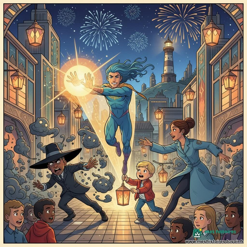 Cosmos, super-héros au visage déterminé et souriant, cheveux bleus scintillants et costume changeant de couleur, vole en lançant une grande sphère lumineuse ; en face, le petit Dr. Ombre, chapeau noir et teint pâle, recule tandis que des omres noires et des Ombrelettes nuageuses se désintègrent ; à droite, l’agente Clara, ~30 ans, manteau bleu clair et cheveux attachés, tend des lanternes vers Cosmos, un garçon de 6 ans en petite veste rouge tient une lanterne orange devant elle. La scène se déroule de nuit sur la place centrale de Galaxia : pavés brillants, lanternes suspendues, feux d’artifice, gratte-ciel art déco et un vieux phare en arrière-plan ; confrontation dynamique de lumière dorée contre ombres grises, lignes épurées, symétrie géométrique, palettes chaudes et éclairage dramatique avec reflets sur pavés mouillés.