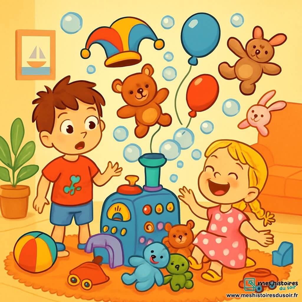 Il y a deux personnages principaux : Petit Tom, un garçon de 6 ans avec des cheveux bruns en bataille, portant un t-shirt rouge avec un dinosaure et un short bleu, et Petite Léa, une fille de 5 ans avec des cheveux blonds tressés, vêtue d'une robe rose à pois blancs et de sandales jaunes. Ils se trouvent dans un salon chaleureux aux murs jaunes pastel, rempli de jouets en désordre et d'une machine colorée au centre. L'histoire montre Tom et Léa s'amusant avec leur machine magique qui crée des bulles, des ballons et des chapeaux rigolos, tandis que des peluches tombent du ciel et qu'ils rient entourés de couleurs vives.