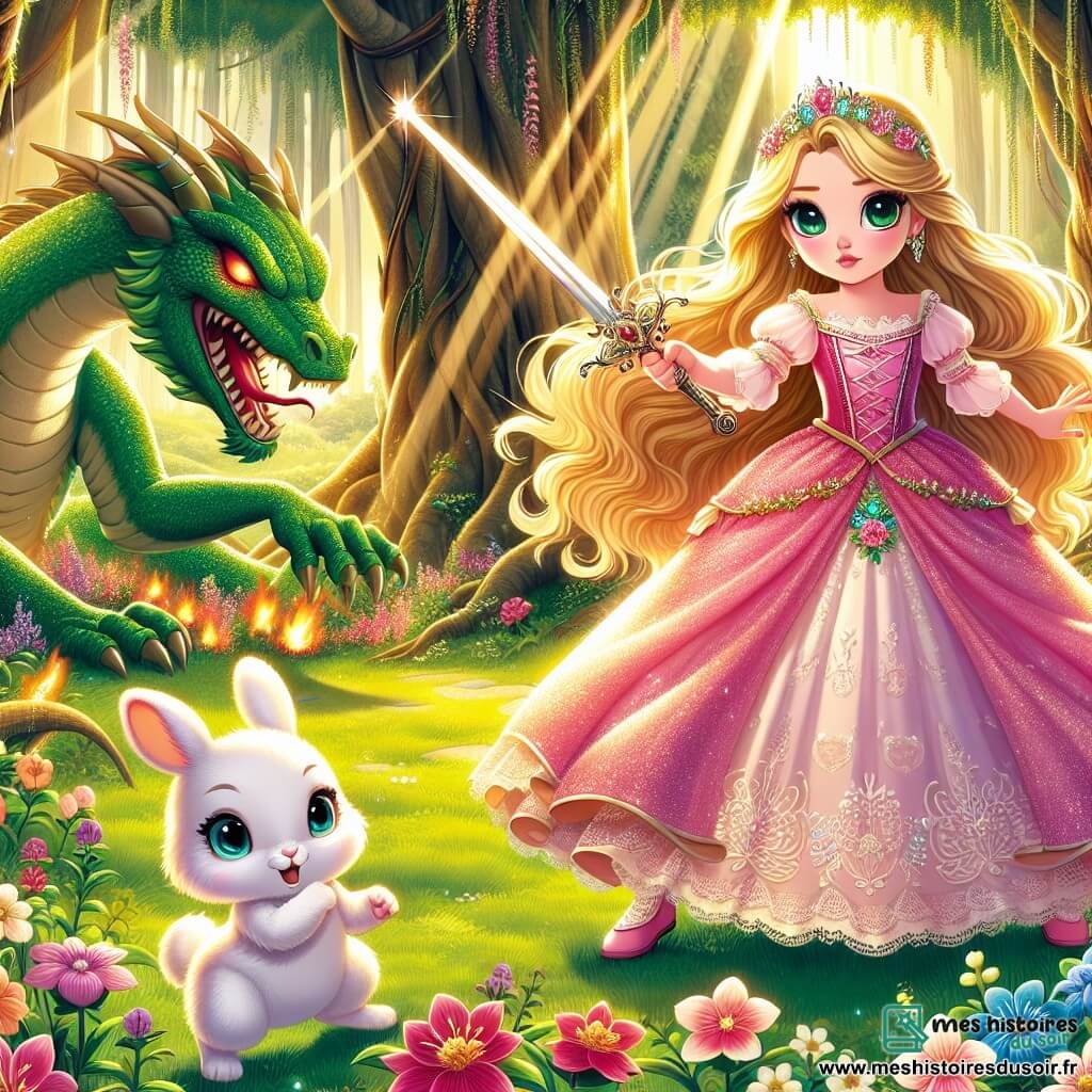 La princesse Amélia, âgée d'environ 16 ans, a de longs cheveux dorés et des yeux bleus pétillants. Elle porte une robe rose ornée de fleurs scintillantes et affiche une expression déterminée tout en brandissant une épée. À ses côtés, un petit lapin blanc, au pelage doux et aux yeux curieux, semble prêt à l'aider. En arrière-plan, un dragon aux écailles vertes et aux yeux rouges rugit, crachant des flammes, tandis qu'Amélia se tient fermement devant lui. Le décor est une forêt enchantée avec des arbres majestueux et des fleurs colorées, créant une atmosphère magique. La scène principale montre Amélia prête à affronter le dragon pour sauver son château, avec le lapin à ses côtés.