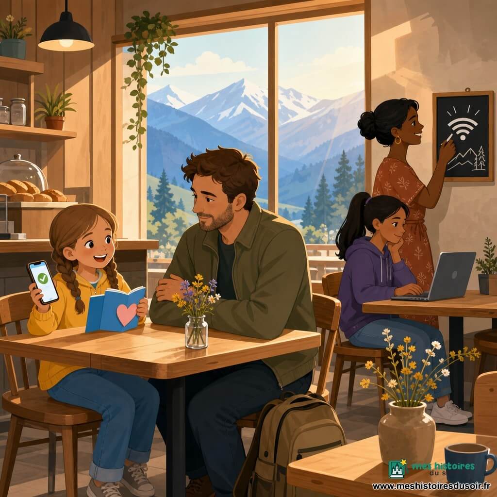 Dans un petit café chaleureux en montagne, Lina, 8 ans, cheveux châtain clair en deux nattes, veste jaune et jean, est assise à une table en bois, soulagée et souriante, tenant un carnet bleu ouvert et un smartphone affichant « envoyé ». En face, son père d'environ 35 ans, barbe légère et veste kaki, la regarde avec douceur, un sac à dos à ses pieds. À côté, une femme d'environ 40 ans aux cheveux noirs attachés, en robe à motifs, montre une ardoise indiquant le code Wi‑Fi tandis qu'une adolescente assise regarde un ordinateur portable ; la lumière dorée traverse une grande fenêtre sur des montagnes bleues et blanches, un vase de fleurs sauvages, du pain chaud et une ardoise murale complètent la scène.
