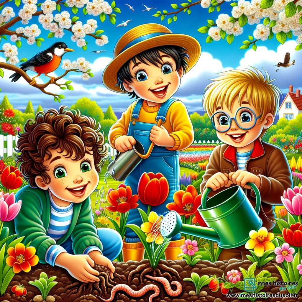 Dans un jardin coloré, trois garçons de 8 ans sont en pleine activité. Max, aux cheveux bruns et bouclés, plante des graines avec un sourire. Hugo, aux cheveux blonds, tient un arrosoir pour arroser les pousses. Lucas, aux cheveux châtains et lunettes rondes, observe un ver de terre. Le jardin est rempli de fleurs éclatantes et un pommier en fleurs se dresse en arrière-plan. Les garçons découvrent la magie du jardinage au printemps.