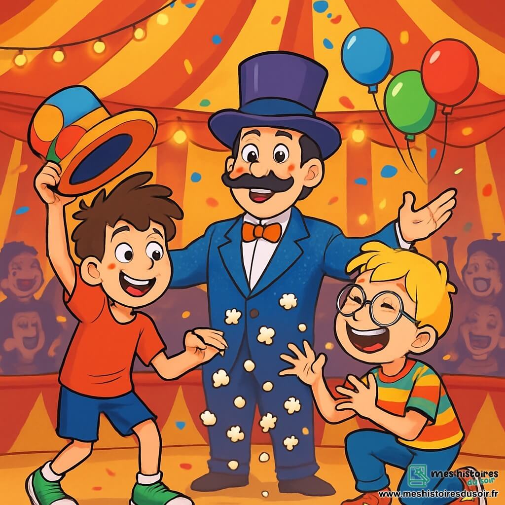 Il y a trois personnages : Martin, un garçon de 10 ans avec des cheveux bruns en bataille, un t-shirt rouge et un short bleu, souriant et tenant un chapeau de clown ; Lucas, un garçon de 10 ans avec des cheveux blonds et des lunettes rondes, vêtu d'une chemise à rayures multicolores, accroupi et riant en essayant d'attraper des grains de popcorn ; et Gustave, un homme de 40 ans avec un haut-de-forme violet, une moustache épaisse et un costume à paillettes, se tenant au centre avec les bras ouverts et un air joyeux. La scène se déroule sous un chapiteau de cirque coloré, illuminé par des lumières scintillantes, avec des ballons flottants et des spectateurs riant et applaudissant en arrière-plan. Martin et Lucas courent et sautent pour attraper des grains de popcorn, tandis que Gustave les observe, créant une atmosphère joyeuse et pleine d'énergie.