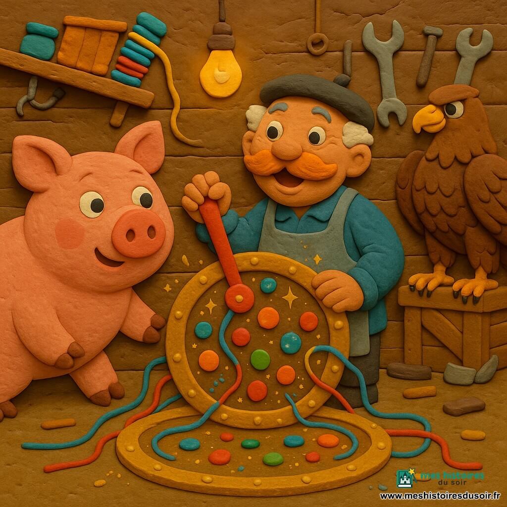Monsieur Renard, vieil homme au visage rond, grandes moustaches orange et sourire émerveillé, tient un levier devant un grand cercle doré rempli de boutons colorés; à gauche, un énorme cochon rose aux joues rebondies regarde l'homme, pattes écartées; un aigle brun perché sur une caisse observe la scène; l'atelier encombré, étagères penchées, outils et fils multicolores, murs en planches et lumière chaude d'une ampoule; au sol, le cercle téléporteur doré étincelle, boutons multicolores et éclats de pâte à modeler; le trio vient juste d'apparaître, ambiance joyeuse, colorée et un peu farfelue.