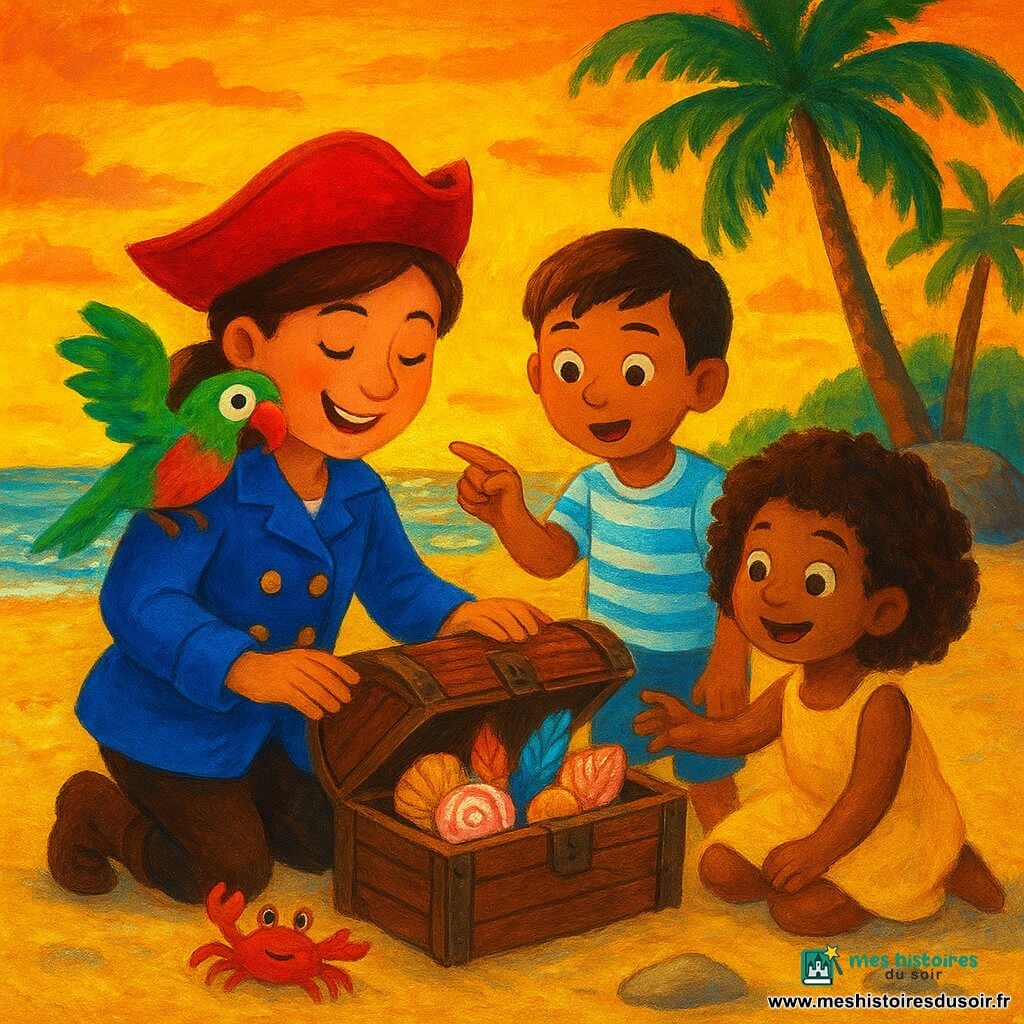 La capitaine Zoé, souriante et courageuse, cheveux châtains en queue-de-cheval, chapeau rouge et veste bleue à boutons dorés, est agenouillée sur une plage au coucher du soleil en ouvrant délicatement un petit coffre en bois ; Paco le perroquet vert, rouge et jaune est perché sur son épaule droite, un garçon de 8 ans à la peau claire et tresse courte pointe le trésor avec émerveillement et une fillette de 7 ans aux cheveux bouclés, en robe jaune, est assise sur le sable tendant la main vers un coquillage, tandis qu’un petit crabe rouge claque ses pinces à gauche et que des palmiers, une grosse noix de coco près d’un rocher en forme de tortue et des vagues scintillantes composent le décor, le tout rendu en peinture acrylique aux couleurs vives, coups de pinceau visibles et lumière chaude du soir.