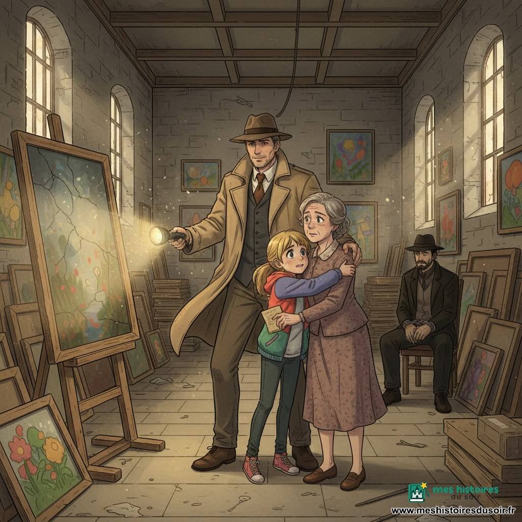 Un détective d'une quarantaine d'années, visage sérieux mais bienveillant, en imperméable beige et fedora, éclaire un grand tableau ancien à la torche; une fille d'environ 12 ans, Clara, cheveux blonds en queue de cheval, serre sa tante Madame Giraud, une femme d'environ 60 ans aux cheveux gris bouclés et au petit carnet jauni, au centre de la pièce; un homme en veste noire, menotté et flou en arrière-plan, semble contrarié; lieu: grande pièce poussiéreuse d'un vieux bâtiment avec murs en pierre, toiles et cadres empilés, rayons de lumière traversant des fenêtres sales; ambiance: découverte et retrouvailles, tendue mais chaleureuse, contrastes forts entre ombre et faisceau, textures visibles; style: traits manga doux, personnages en couleurs chaudes, arrière-plan sépia et gris, expression accessible aux enfants.