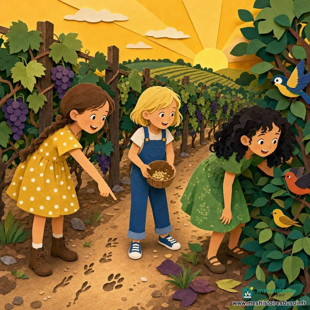 Trois fillettes dans un vignoble en fin d'après-midi : à gauche une fillette de 8 ans aux cheveux bruns en tresse et robe jaune à pois blancs qui montre des empreintes dans la terre, au centre une fillette de 7 ans aux cheveux blonds courts en salopette bleue tenant un petit panier ouvert avec miettes et graines, à droite une fillette de 8 ans aux cheveux bouclés noirs en robe verte penchée vers un bosquet où plusieurs petits oiseaux colorés picorent des grappes de raisin ; elles viennent de suivre les empreintes, posent des miettes près des vignes pour attirer les oiseaux, affichent des expressions curieuses et joyeuses ; vignoble aux rangées régulières sur sol marron clair, treillis en bois, grappes de raisin violet et vert, bosquet aux feuilles découpées façon papier, composition simple aux formes nettes, bords papier déchiré, couleurs vives et lumière chaude.