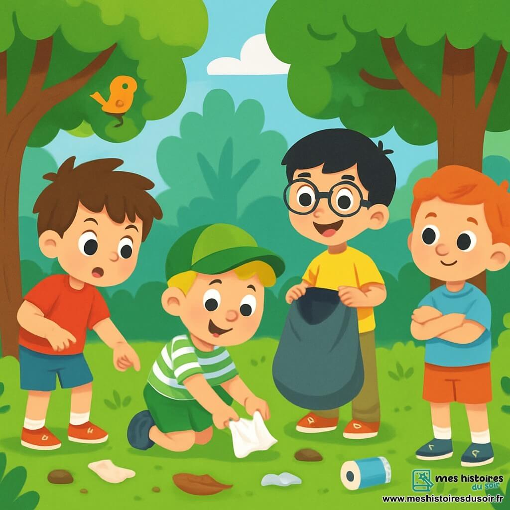 Quatre enfants sont présents : Max, un garçon de 7 ans aux cheveux bruns en bataille, portant un t-shirt rouge et un short bleu, pointe un papier par terre avec curiosité. Tom, 6 ans, cheveux blonds, casquette verte et t-shirt à rayures, est accroupi en ramassant un déchet avec un sourire. Léo, 7 ans, cheveux noirs et lunettes, vêtu d'un t-shirt jaune et d'un pantalon beige, tient un sac en plastique pour les déchets et regarde ses amis avec enthousiasme. Sam, 6 ans, cheveux roux, t-shirt bleu clair et short orange, se tient debout, les bras croisés, avec un regard déterminé. La scène se déroule dans une forêt verdoyante, où les enfants découvrent des déchets et décident de les ramasser pour préserver la beauté de la nature, travaillant ensemble avec le sourire.