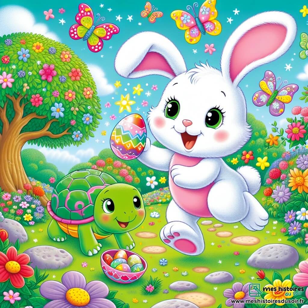 Un petit lapin nommé Loulou, avec un pelage blanc et de grandes oreilles roses, saute de joie dans un jardin coloré, tenant un œuf de Pâques brillant. À proximité, une tortue verte nommée Tilly, souriante, l'observe en savourant une fraise. Le jardin regorge de fleurs multicolores et d'œufs de Pâques cachés, tandis que Loulou découvre les œufs scintillants, entouré d'étoiles magiques.