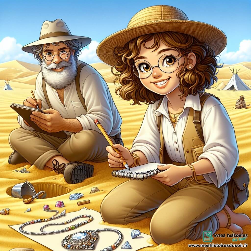 Au premier plan, Lila, une jeune femme aux cheveux bouclés et bruns, est assise sur le sable doré du désert, tenant un carnet et un crayon, prête à dessiner. Elle porte un chapeau de paille et une tenue d'archéologue. À côté d'elle, Antoine, un homme d'environ 40 ans avec une barbe grise et des lunettes, déterre délicatement un collier en argent orné de pierres précieuses, affichant un regard émerveillé. Le décor est un vaste désert avec des dunes de sable et un ciel bleu éclatant, où l'on aperçoit au loin des tentes blanches d'autres archéologues. Lila et Antoine vivent une découverte archéologique excitante en mettant au jour un magnifique collier, symbole de l'ancienne civilisation perse.
