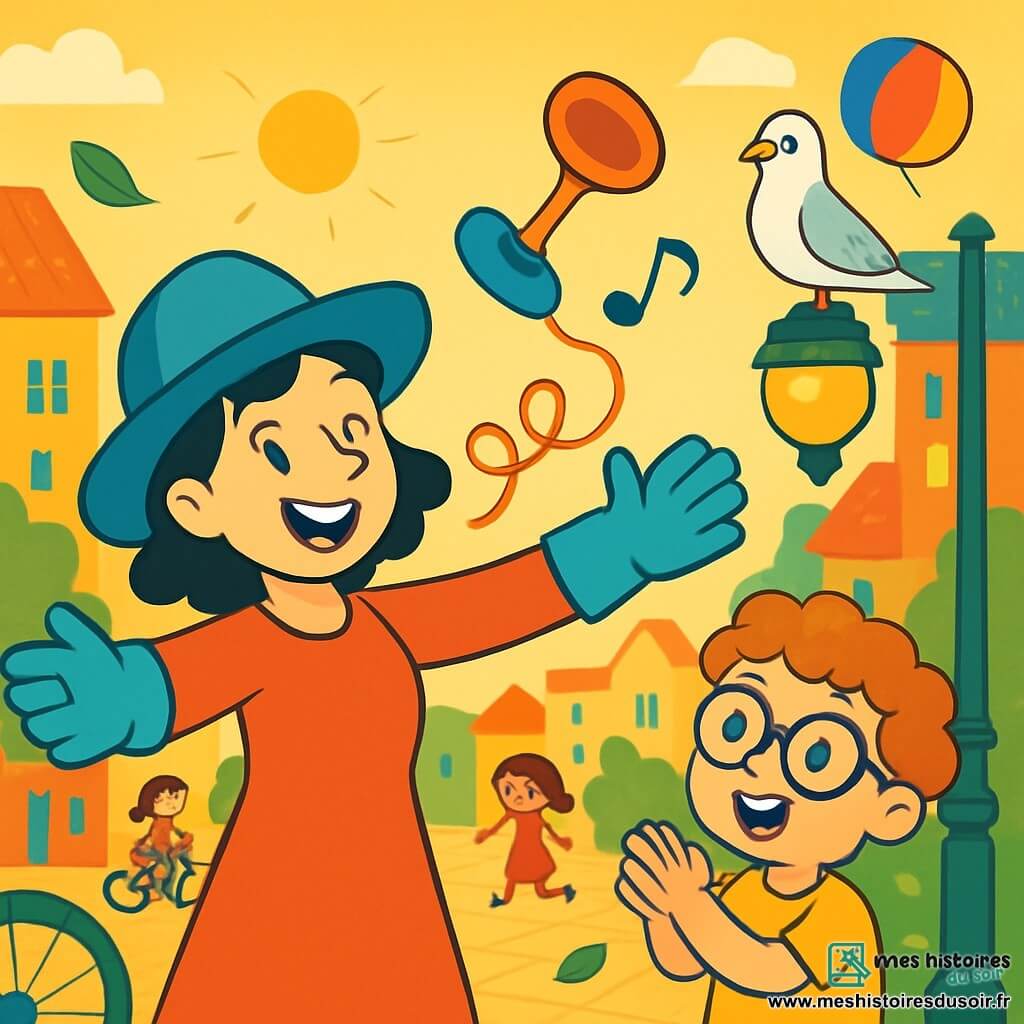 Luna, une femme souriante portant un chapeau bleu et des gants, se tient au centre de la scène, les bras ouverts, pleine de joie. Ses yeux pétillent alors qu'elle s'apprête à lancer son grappin à ventouse chantante. À ses côtés, un garçon d'environ 7 ans, aux cheveux bouclés et lunettes rondes, applaudit avec admiration. Un pigeon blanc curieux se tient sur un lampadaire, observant la scène. La scène se déroule dans une ville animée avec des bâtiments colorés, des enfants jouant dans les rues pavées et des feuilles volantes ajoutant de la magie. Luna teste son grappin qui s'accroche à un lampadaire, tandis qu'un ballon coloré passe au-dessus d'eux. L'atmosphère est vibrante de joie avec des rires et des applaudissements.