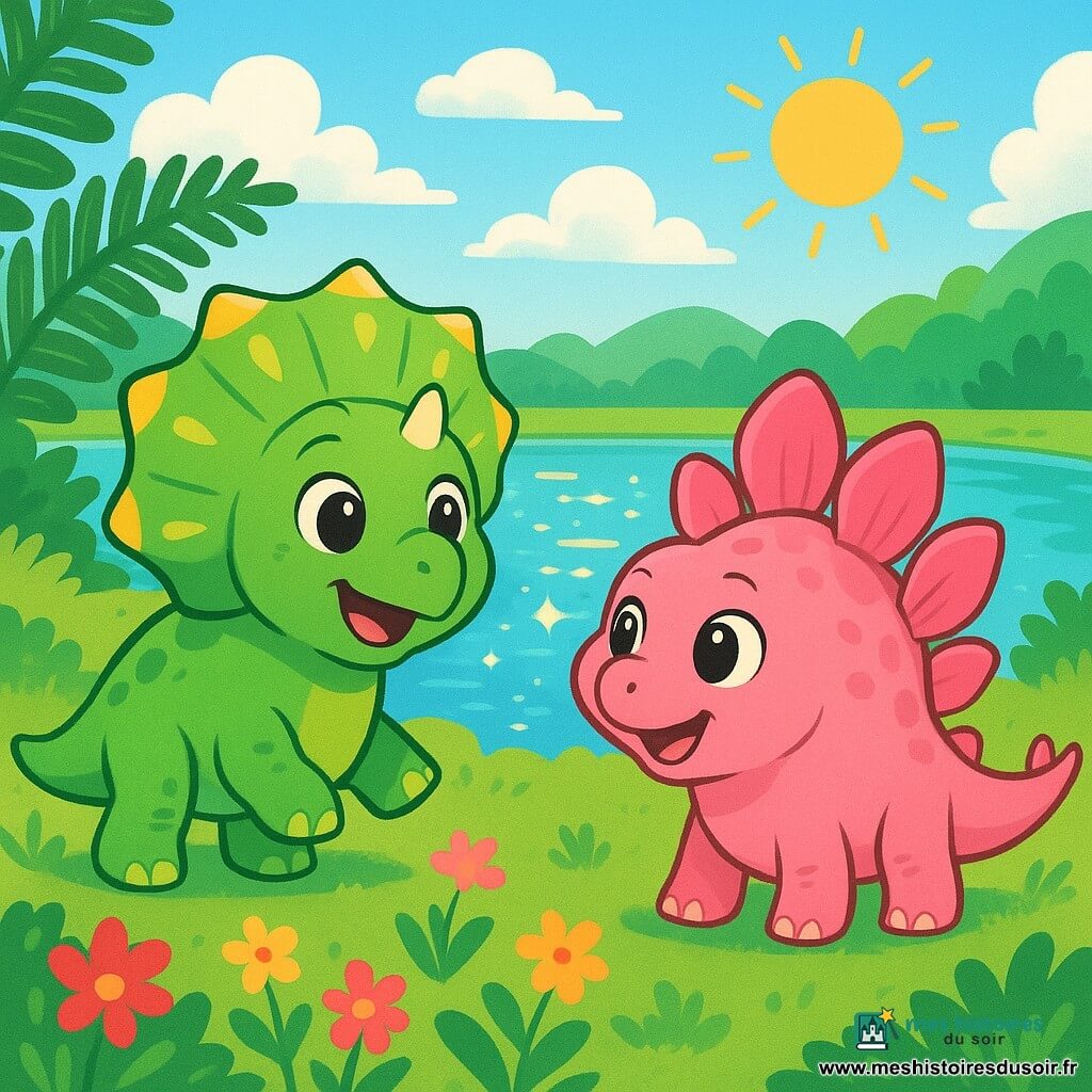 Un petit tricératops nommé Tiko, avec une peau verte et une collerette ornée de motifs jaunes, affiche un sourire émerveillé au bord d'un lac mystérieux. À ses côtés, Stella, une stégosaure aux plaques dorsales roses, l'observe avec enthousiasme. Le lac est entouré de fougères et de fleurs colorées, sous un ciel bleu avec des nuages blancs. Les rayons du soleil créent des éclats dorés sur l'eau. Tiko et Stella découvrent la magie du lac, émerveillés par les lumières scintillantes qui symbolisent la beauté de la nature et l'amitié.
