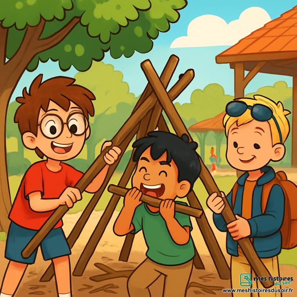 Trois garçons de 8 ans sont présents : Arthur, avec des cheveux châtains en bataille et des lunettes rondes, porte un t-shirt rouge et un short bleu, souriant en tenant une branche pour construire une cabane. Sami, avec des cheveux noirs et des yeux pétillants, est en t-shirt vert et pantalons beiges, riant en faisant semblant de ronger une branche. Lucas, aux cheveux blonds et lunettes de soleil sur le front, porte un blouson bleu et un grand cartable, tenant une grosse branche avec un sourire timide. Ils sont dans un coin ensoleillé de la cour de l'école, entourés d'arbres et d'un préau, tandis que d'autres enfants jouent au loin. Les trois amis s'activent à construire une cabane en branches, échangeant rires et gestes enthousiastes.