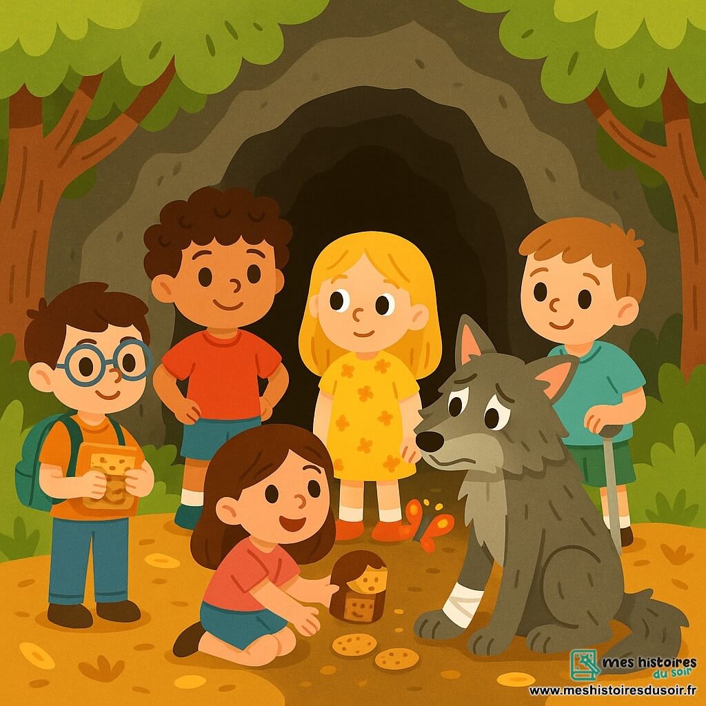 Cinq personnages se trouvent à l'entrée d'une grotte sombre : Léon, 8 ans, avec des cheveux bouclés couleur chocolat, en t-shirt rouge et short bleu ; Lucie, 7 ans, avec des cheveux dorés et une robe jaune à fleurs, curieuse à côté de Léon ; Tom, 9 ans, avec des lunettes brillantes et un sac à dos de biscuits, souriant en retrait ; Lila, 6 ans, accroupie près de la grotte, observant un papillon ; et Max, 8 ans, avec une béquille, regardant le loup avec compassion. La scène montre le loup triste, assis avec une patte blessée bandée par les enfants, qui s'approchent pour lui offrir leur aide et des biscuits, symbolisant l'amitié et la compassion.
