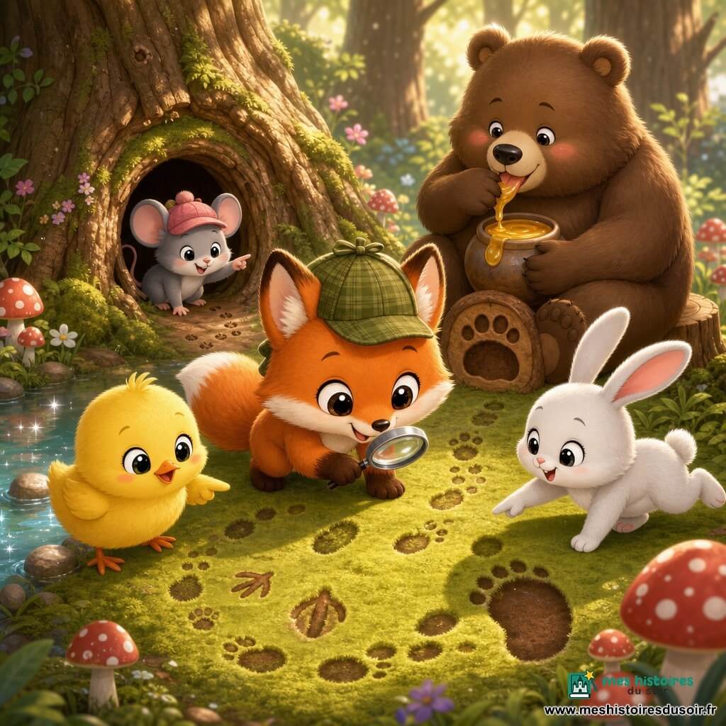 Petit Renard détective : renard roux chibi aux grands yeux et grosse queue duveteuse, casquette verte et loupe, penché sur des empreintes dans la mousse; Poussinette : poussin jaune rond montrant ses petites traces près d’une mare boueuse à gauche; Gros Ours : ours brun chibi assis sur une souche à droite, léchant du miel près d’une grande empreinte; Mademoiselle Souris : petite souris grise chibi à l’entrée d’un arbre creux montrant de minuscules empreintes; Lapin Fripon : lapin blanc chibi bondissant et indiquant des traces variées; lieu : clairière forestière pastel avec mousse, champignons rouges à pois, arbres aux troncs lisses, mare scintillante et lumière tamisée; situation : le Petit Renard enquête sur des empreintes diverses tandis que ses amis forment une ronde joyeuse autour de la tanière, atmosphère ludique et chaleureuse.