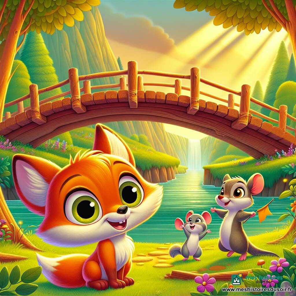Lila la renarde, avec son pelage orange vif et ses grands yeux curieux, se tient au centre de la scène, souriante et pleine d'espoir, regardant un pont en bois qu'elle a aidé à construire. À ses côtés, Mina la souris, petite et grise, saute de joie avec un petit drapeau fait de feuilles. Samir le jeune cerf, avec son pelage brun, observe avec fierté. Le lieu est une vallée verdoyante, baignée de lumière dorée, avec des arbres majestueux et une rivière scintillante. Le pont en bois, symbole d'unité et de paix, relie deux rives. Lila et ses amis célèbrent la fin de la construction, entourés de fleurs colorées et d'autres animaux applaudissant, créant une atmosphère joyeuse.