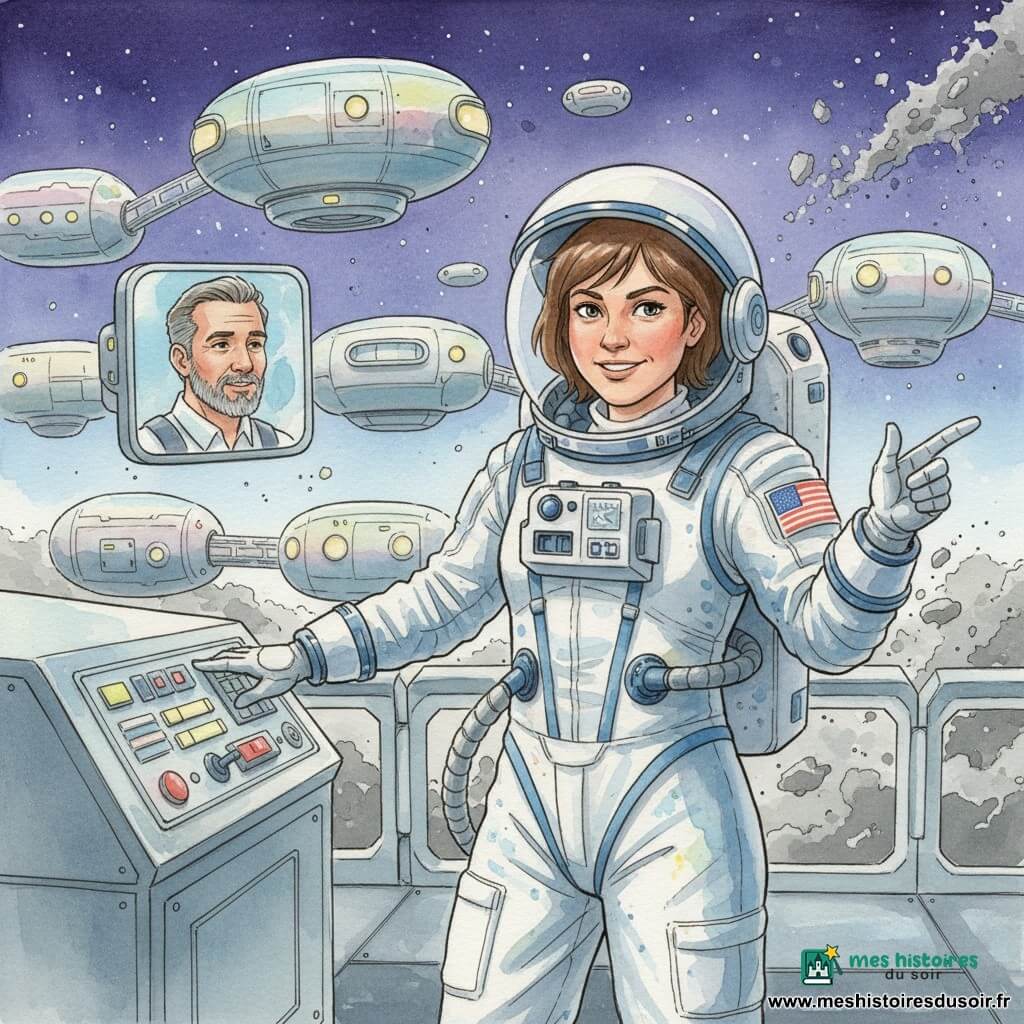 Claire, femme astronaute d'environ 30 ans, visage déterminé et souriant, cheveux bruns courts sous son casque dégrafé, porte une combinaison spatiale blanche et bleue aux taches d'aquarelle; elle se tient sur la passerelle d'un module, une main sur un panneau de contrôle, l'autre pointant vers un archipel d'habitats modulaires flottants. Sur un petit écran flottant à gauche, le commandant Vega, ~45 ans, barbe grise courte, expression bienveillante et fière, la félicite. Les habitats ovales et cylindriques, reliés par passerelles translucides, ont des surfaces métalliques aux reflets pastel et de petites fenêtres rondes éclairées; en arrière-plan, un ciel spatial indigo-violet étoilé et un champ de débris lointain en ombres grises. Ambiance : arrivée et inspection, émerveillement et soulagement après la traversée, textures aquarelle délicates suggérant lumière et mouvement.
