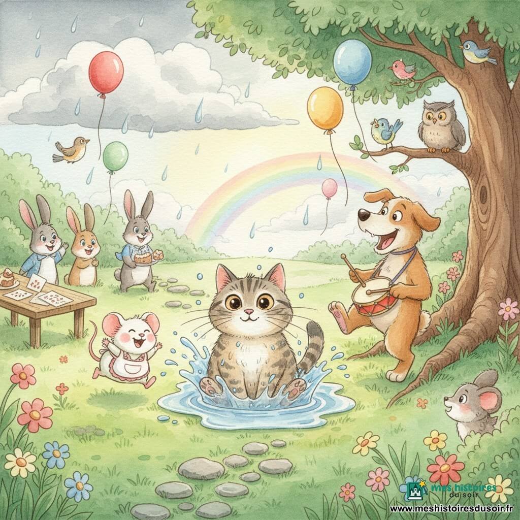 Un chat tigré gris et beige nommé Félix, aux grandes moustaches et yeux noisette, est surpris et joyeux, trempé dans une flaque éclaboussante ; à gauche, une petite souris ronde blanche, Mimi, en tablier rit en roulant sur l'herbe ; à droite, un chien brun clair nommé Max, oreille tombante et tambour rouge, aboie en frappant du pied près d’un arbre. Autour d’eux, des lapins, des oiseaux colorés et un vieux hibou sourient. Le jardin de la tortue présente une pelouse verte, fleurs multicolores, un arbre aux racines apparentes, un chemin de pierres moussues et une petite table en bois avec invitations et miettes de gâteau. Des ballons rouges, bleus et jaunes flottent et se coincent dans les branches, certains s'envolant vers le ciel mi-orageux où tombent quelques gouttes, un rayon de soleil perce et un arc-en-ciel apparaît. Style aquarelle doux, couleurs pastel vives, traits ronds et textures floues, ambiance chaleureuse et joyeuse.