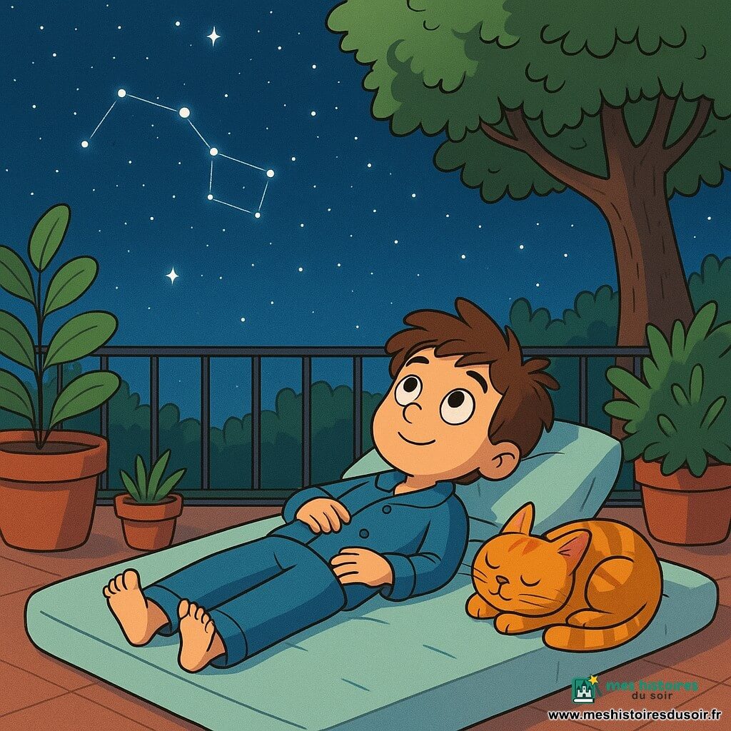 Un garçon de 10 ans, Adrien, est allongé sur un matelas sur la terrasse, admirant le ciel étoilé. Il a des cheveux bruns ébouriffés et porte un pyjama bleu. À côté de lui, son chat Biscotte est pelotonné, ronronnant. La terrasse est entourée de plantes en pot, et un tilleul projette une ombre douce. Le ciel est rempli d'étoiles, avec la Grande Ourse visible. L'atmosphère est paisible et magique, capturant un moment de tranquillité sous les étoiles.