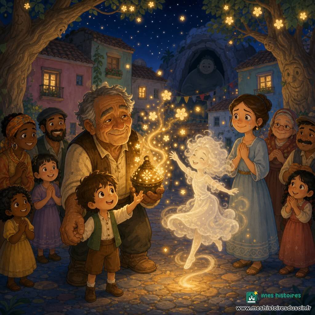 Un homme âgé nommé Éloi, visage ridé, mains larges, cheveux poivre et sel courts, sourire doux et yeux humides de joie, tient une petite lampe métallique chauffée qui diffuse une lumière miel et des fleurs lumineuses flottantes; un garçon d'environ six ans, cheveux châtain courts et regard écarquillé, tient la main d'Éloi et lève l'autre vers la lampe, debout légèrement devant lui; une petite fille de brume, silhouette vaporeuse aux cheveux comme des nuages, danse en effleurant le sol; une mère d'environ trente ans en robe bleu pâle, les larmes aux yeux, se tient parmi les villageois à quelques pas, mains jointes sur la poitrine; au fond, une ombre arrondie observe depuis l'entrée d'une grotte; la place pavée de pierres bleues est entourée de maisons basses aux tons pastel et d'arbres aux troncs épais dont certaines branches portent des visages sculptés et des feuilles lumineuses, sous un ciel crépusculaire étoilé; scène principale : la lampe magique allumée au centre de la place projette des faisceaux miel et des fleurs de lumière montent vers le ciel, les villageois sourient, l'atmosphère est féerique et bienveillante, avec des contrastes entre ombres douces et lumières chaudes.