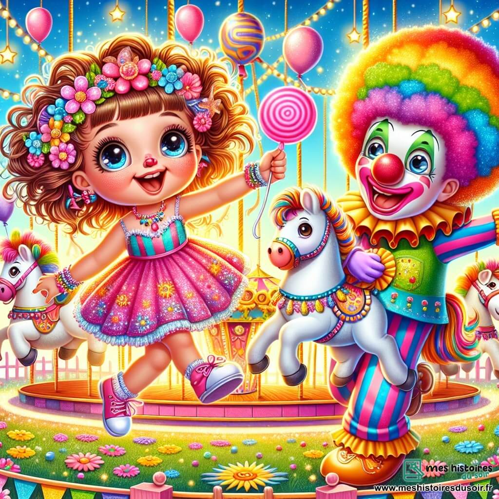 Mia, une petite fille de 4 ans aux grands yeux brillants et aux cheveux bouclés, porte une robe colorée ornée de paillettes. Elle saute de joie avec un bonbon rose à la main et un grand sourire. À côté d'elle, un clown joyeux d'environ 30 ans, avec un grand nez rouge et des cheveux multicolores, fait des grimaces tout en tenant un ballon en forme d'animal. En arrière-plan, un manège coloré tourne avec des chevaux scintillants sous le soleil, entouré de guirlandes lumineuses et de ballons flottants. Le jardin festif est rempli de rires et de couleurs éclatantes, où des enfants dansent et s'amusent. Mia s'amuse au carnaval, entourée de magie et de joie, prête pour une journée inoubliable.