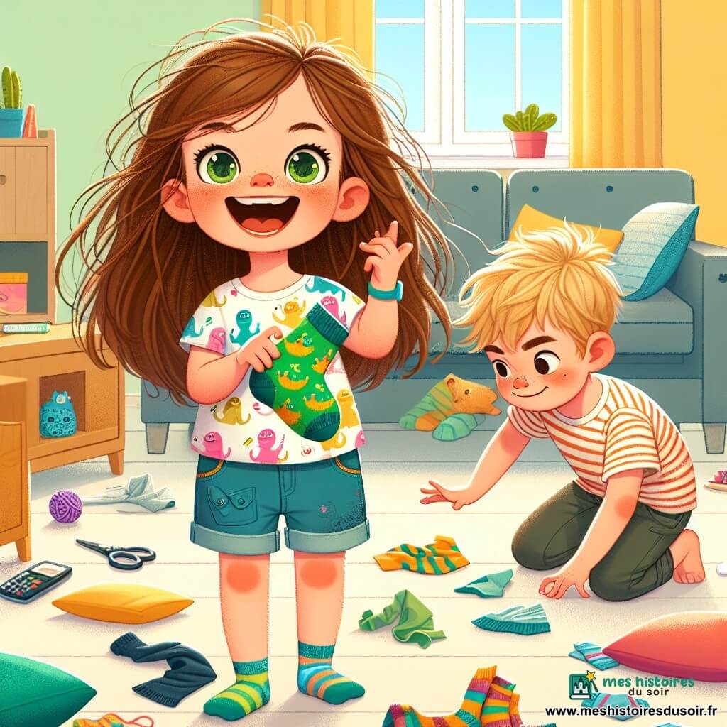 Léonie, une fille de 12 ans aux longs cheveux bruns en désordre et aux yeux malicieux, rit en tenant une chaussette verte à motifs de dinosaures. Elle porte un t-shirt coloré et un short en jean. À côté d'elle, son frère Jules, 9 ans, aux cheveux blonds en bataille et au sourire espiègle, cherche sous le canapé, entouré de coussins. La scène se déroule dans un salon lumineux aux murs jaunes, avec un canapé moelleux et des jouets éparpillés, créant une ambiance chaleureuse. Léonie et Jules sont en pleine chasse à la chaussette disparue, tandis que leur chat Pistache les observe, ajoutant une touche de magie à cette aventure familiale.