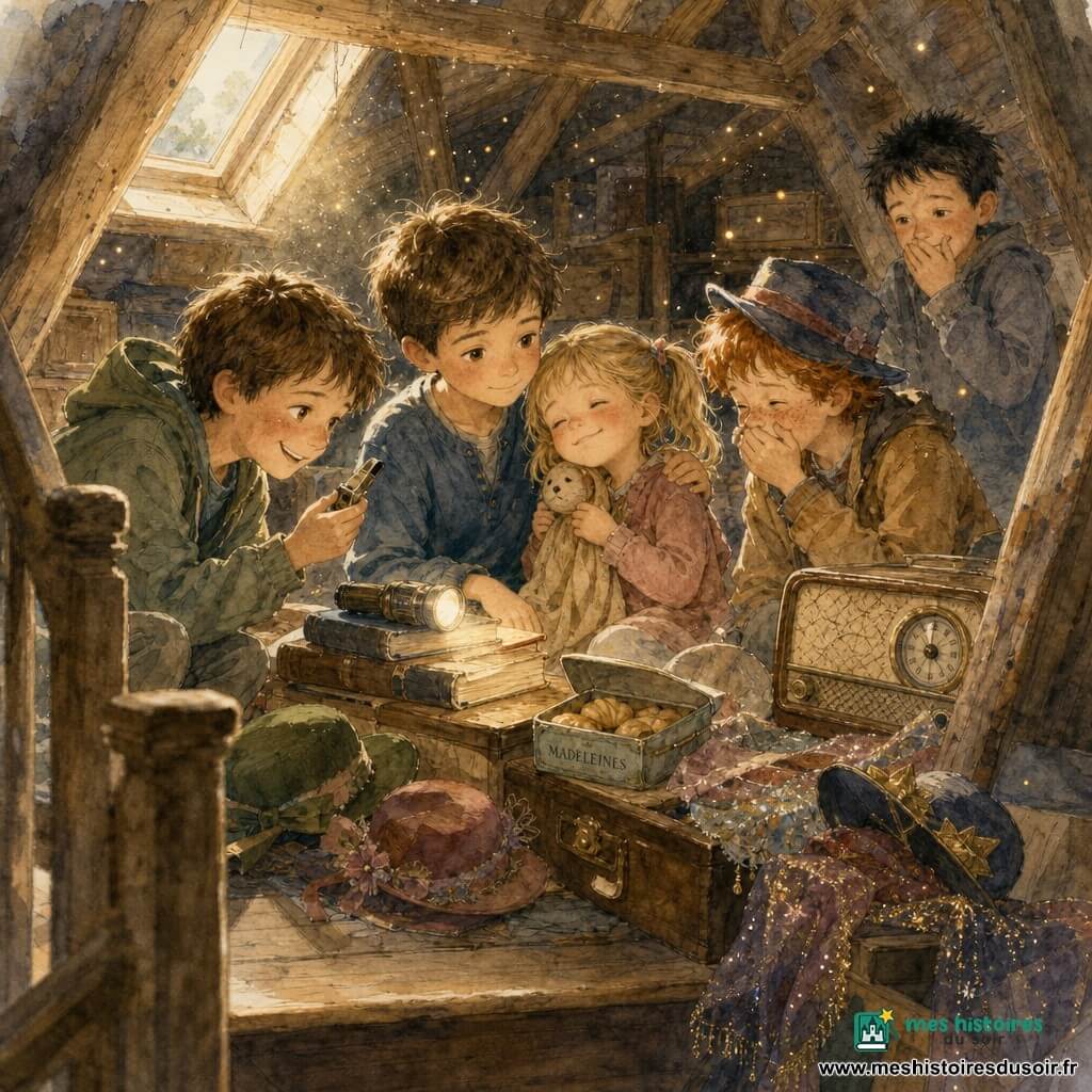 Cinq enfants dans un grenier lumineux vu depuis le bas de l'escalier : Arthur, ~9 ans, cheveux bruns courts, sérieux mais doux, assis au centre gauche, main sur l'épaule de sa petite sœur protectrice ; Zoé, ~5 ans, blonds en couettes, robe pastel poussiéreuse, yeux mi-clos, tient un doudou-cape ; Lucas, ~10 ans, châtain, sourire malicieux, à gauche d'Arthur, penché vers la table basse avec un petit sifflet ; Malo, ~9 ans, roux et taches de rousseur, à droite d'Arthur, coiffé d'un vieux chapeau, faisant une grimace étouffée ; Théo, ~10 ans, cheveux noirs en brosse, timide, en arrière-plan à droite, main près de la bouche comme pour retenir un rire. Le lieu : poutres apparentes, cartons empilés, lucarne diffusant une lumière douce, lampe de poche allumée sur une pile de livres, particules de poussière dorée en suspension ; objets anciens (chapeaux colorés, boîte de madeleines entrouverte, vieille radio au cadran craquelé, tissus à paillettes, petite boîte étiquetée "MADELEINES"). Situation : chuchotements et rires naissants, enfants groupés autour d'une table basse, gestes et regards qui trahissent l'envie de rire. Ambiance chaleureuse et nostalgique, palette aquarelle douce (ocres, bleus-gris, verts tendres, touches de rose et or), traits flous et lavis délicats.