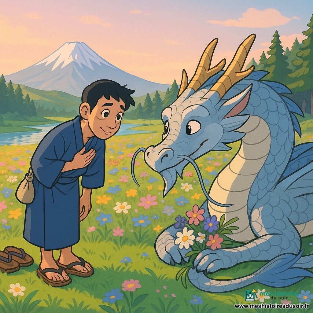 Takeshi, homme d'environ 35 ans au visage doux et curieux, yeux brillants et légèrement tremblants mais respectueux, s'incline la main droite sur la poitrine ; il porte un kimono bleu indigo ceinturé, des sandales en bois (geta) posées sur l'herbe et un petit sac en tissu à l'épaule. Un grand dragon argenté nommé Ryu est allongé au milieu du champ, écailles irisées bleu pâle et argent, yeux sages et souriants, ailes repliées et tête proche du sol, cornes courbes dorées, moustaches flottantes fines et longue queue enroulée autour d'un bouquet de fleurs sauvages. Lieu : vaste champ de fleurs sauvages multicolores (bleuets, cosmos, pâquerettes) au bord d'une forêt de pins, rivière scintillante en arrière-plan et montagne sacrée (Fuji) à l'horizon sous un ciel matinal pastel. Situation : rencontre respectueuse et paisible, atmosphère magique, émerveillement sur le visage de Takeshi, contact silencieux et chaleureux. Composition : plan large légèrement en contre-plongée montrant la taille du dragon, focalisation sur les deux visages, lumière douce du matin, couleurs vives et contrastées, ombres nettes façon cel-shading, textures lisses et contours précis.