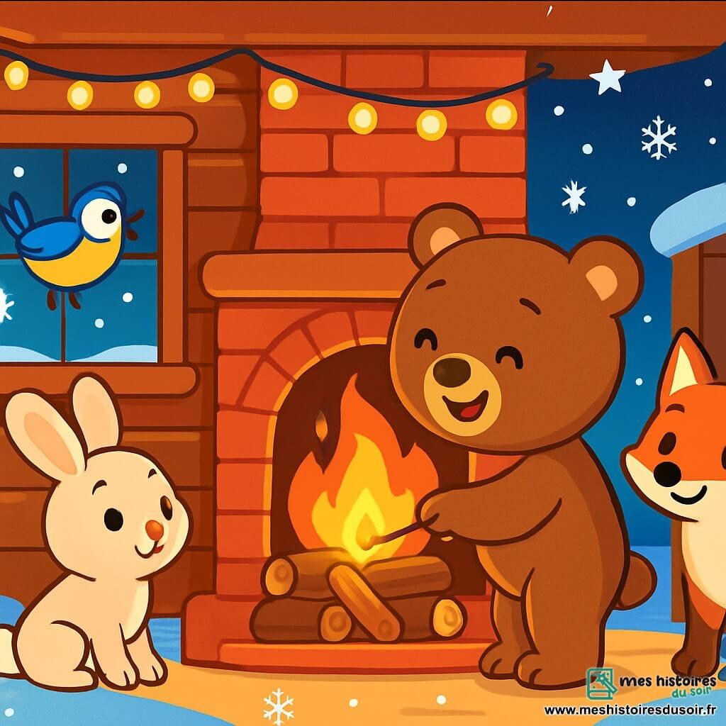 Un ours en peluche doux et rond, avec un pelage brun et des yeux pétillants, se tient devant une cheminée, souriant. Il arrange des bûches, tenant une allumette. À ses côtés, un petit lapin aux grandes oreilles blanches regarde le feu avec émerveillement. Une mésange colorée chante sur le rebord de la fenêtre, et un renard roux se tient près de la porte, souriant. Le chalet en bois, décoré de guirlandes lumineuses, est entouré de neige scintillante et de flocons qui tombent. À l'intérieur, la pièce est chaleureuse, remplie de lumière dorée. L'ours et ses amis chantent près du feu, créant une atmosphère joyeuse et festive.