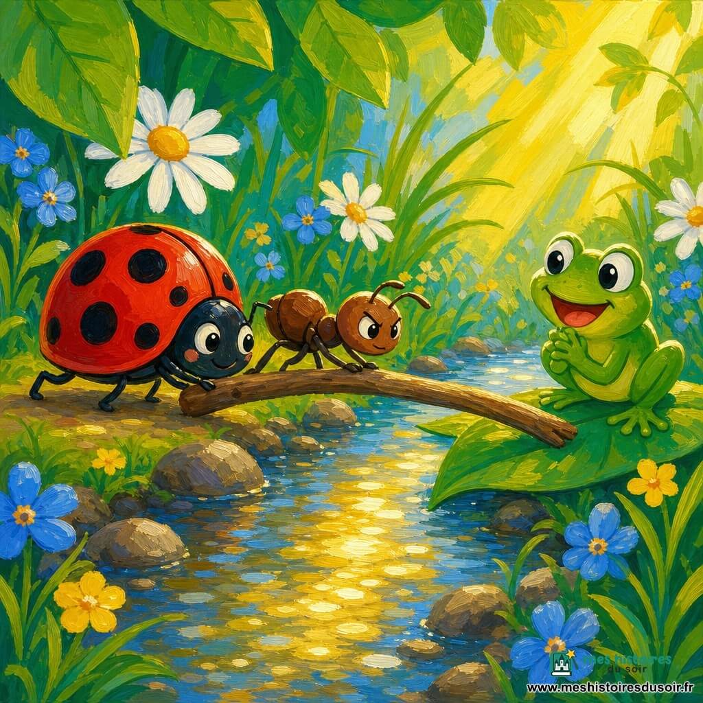 Une coccinelle rouge à points noirs souriante pousse une brindille pour faire un pont pendant qu'une fourmi brune la tire, une grenouille verte attend sur une feuille au bord d'un ruisseau dans un jardin coloré aux fleurs et au soleil, scène chaleureuse et arrondie.