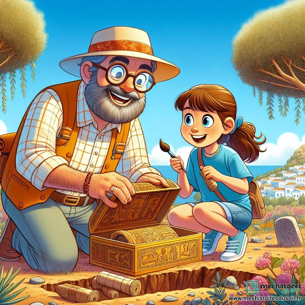 Monsieur Léon, homme d'âge moyen avec des lunettes rondes et une barbe poivre et sel, porte un chapeau de soleil beige et une chemise à carreaux. Il est accroupi, tenant un pinceau et un rouleau de papyrus, souriant avec excitation en découvrant un coffre ancien enfoui. À ses côtés, Clara, jeune archéologue de 12 ans avec une queue de cheval et un t-shirt bleu, observe les symboles du rouleau avec curiosité. Le site de fouilles, situé sur une île ensoleillée entourée d'oliviers et de fleurs colorées, présente un sol parsemé de pierres anciennes sous un ciel bleu éclatant. Ensemble, ils découvrent un coffre en bois mystérieux rempli de trésors anciens, symbolisant la magie de l'exploration archéologique.