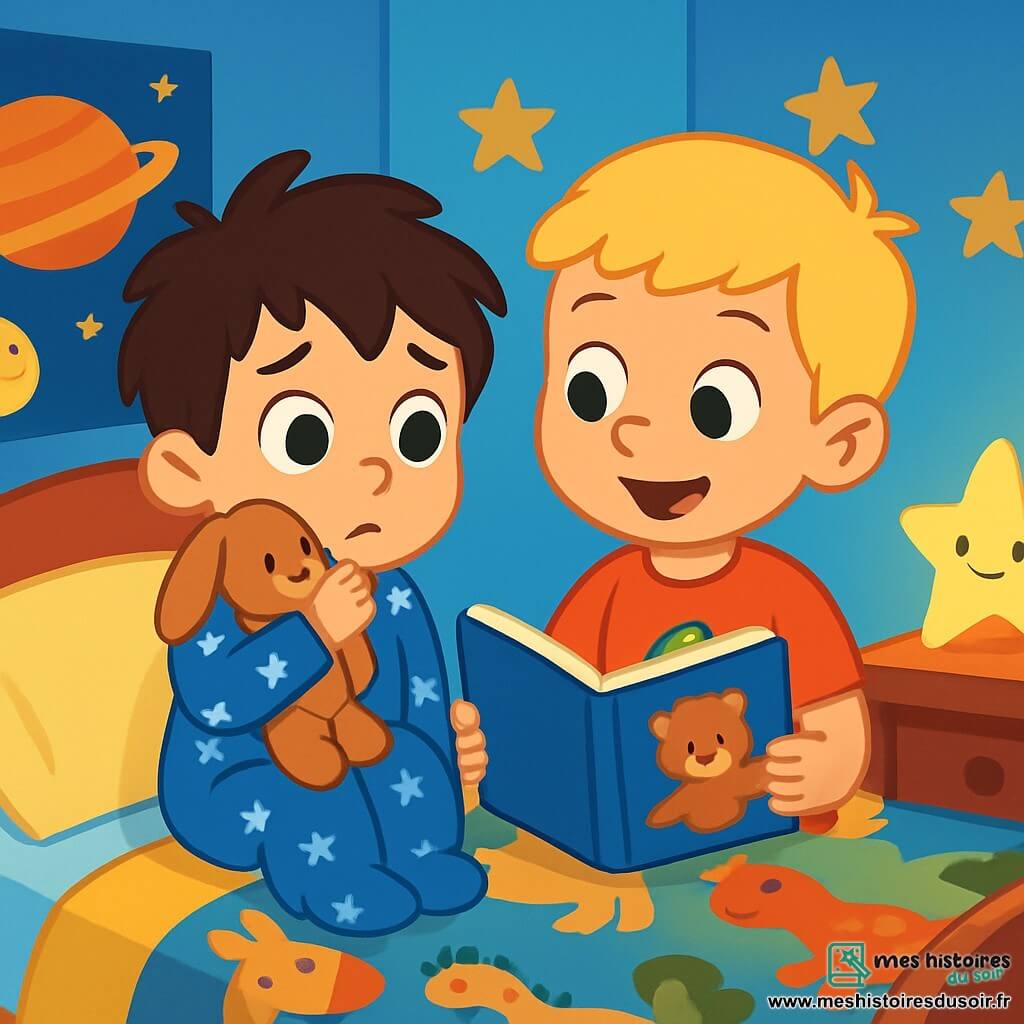 Sami, un petit garçon de 3 ans aux cheveux bruns en bataille et aux grands yeux curieux, est assis sur son lit en pyjama bleu avec des étoiles, tenant son doudou et affichant une expression inquiète. À ses côtés, Léo, également âgé de 3 ans, a des cheveux blonds et des yeux pétillants. Il porte un t-shirt rouge avec un dinosaure et sourit en tenant un livre ouvert, prêt à lire une histoire. La scène se déroule dans la chambre de Sami, aux murs bleu clair décorés de posters de planètes et d'étoiles, avec une veilleuse en forme d’étoile projetant des ombres douces. Léo lit à Sami une histoire réconfortante sur Petit Ours, créant une atmosphère chaleureuse et amicale.