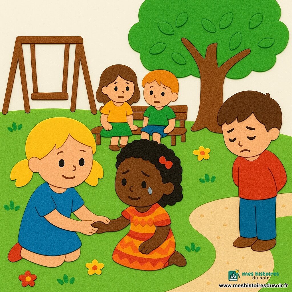 Alice, 4 ans, visage rond, cheveux blonds en couettes, s'agenouille pour consoler Fatou, 4 ans, d'origine africaine, peau foncée, cheveux frisés avec une barrette et robe traditionnelle colorée : elle pleure puis esquisse un sourire; un garçon d'environ 6 ans, à la peau claire, regarde le sol, honteux, mains derrière le dos à quelques pas; deux autres enfants d'environ 5 ans, une fille et un garçon, sont assis sur un banc en arrière-plan, hésitants; lieu : petit parc ensoleillé avec un grand cerisier, herbe parsemée de fleurs, une balançoire en bois et un chemin de gravier beige; situation : Alice console Fatou après une dispute, gestes tendres et sourires timides, atmosphère de tolérance et d'amitié naissante.