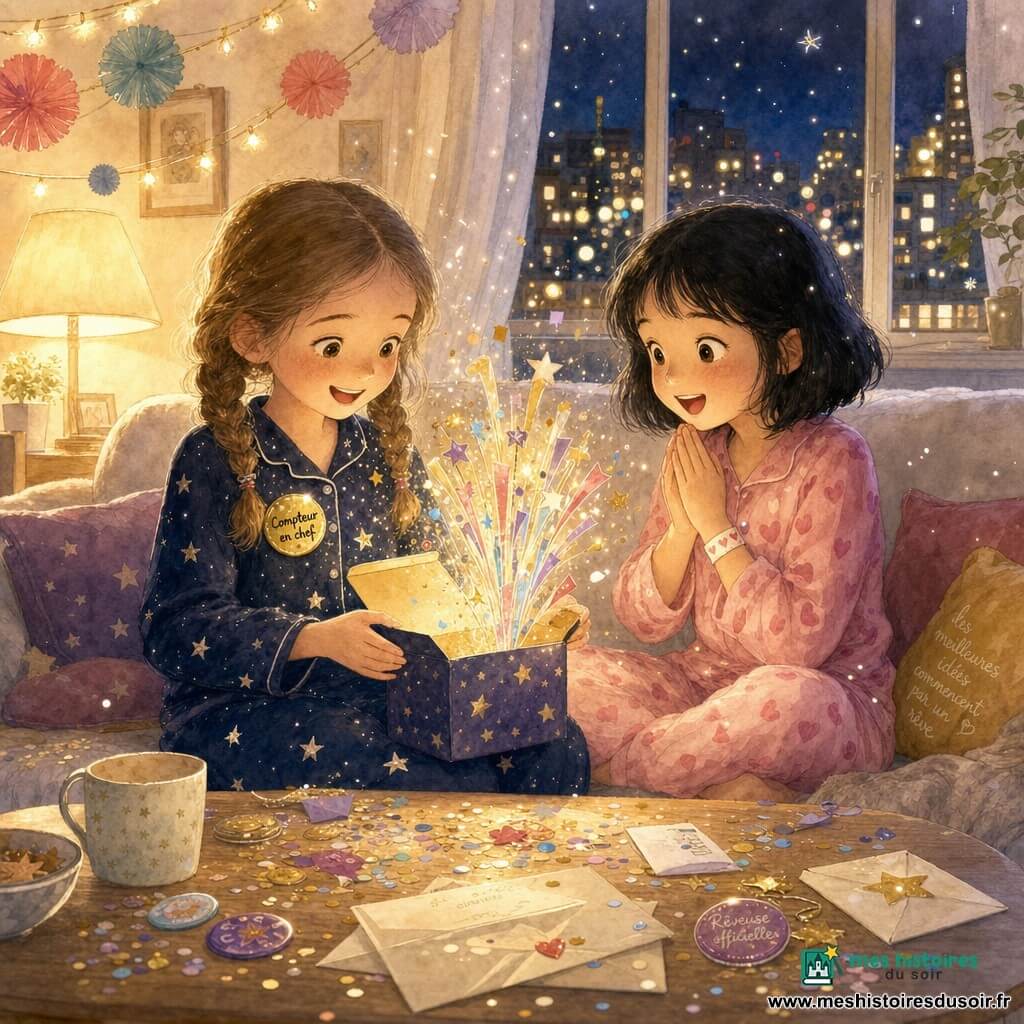 Deux filles de 9 ans, Lila (cheveux châtain clair en deux nattes, robe de pyjama étoilée, badge "Compteur en chef") assise à gauche du canapé, et Maya (cheveux noirs courts, pyjama rose) assise à droite, découvrent dans un salon chaleureux le soir la dernière surprise d'une boîte à compte à rebours : l'ouverture libère un petit feu d'artifice en papier et une pluie de paillettes et confettis qui illumine leurs visages de reflets dorés, dans une ambiance intime, joyeuse et festive, entourées de guirlandes multicolores, confettis sur la table basse et une grande fenêtre donnant sur des lumières de ville.
