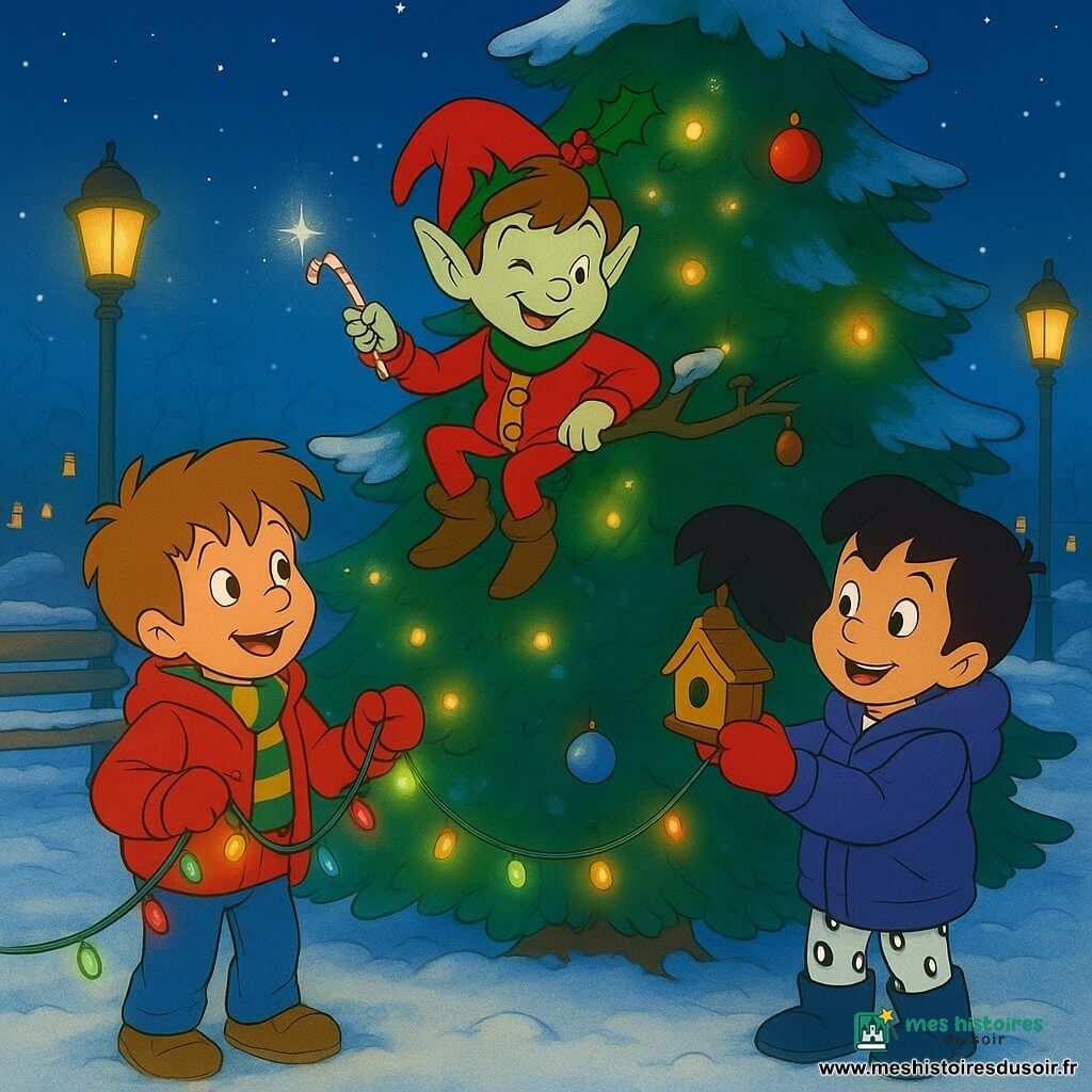 Quatre personnages décorent un grand sapin public dans un parc enneigé la veille de Noël : Léo, 6 ans, cheveux châtain clair en bataille, veste rouge à capuche et écharpe rayée verte et jaune, tient une grosse guirlande brillante au pied de l’arbre en regardant le lutin avec émerveillement ; Noé, 5 ans et demi, cheveux bruns courts, pyjama à pingouins sous une doudoune bleue et bottes de pluie, tend une guirlande en souriant ; le Lutin Farceur, petit être magique à la peau vert pâle, chapeau pointu en houx, mini-couronne et manteau rouge, perché sur une branche centrale, cligne de l’œil et agite une mini-baguette en sucre d’orge étincelante ; une fillette du quartier, 7 ans, cheveux noirs en queue de cheval et manteau violet avec moufles rouges, accroche une petite maison pour oiseaux sur une branche basse. Lieu et ambiance : grand sapin couvert de neige poudreuse au centre, bancs et lampadaires anciens diffusant une lumière chaude, sentier à peine enneigé et maisons éclairées en arrière-plan sous un ciel étoilé ; les enfants posent guirlandes multicolores et lumières scintillantes tandis que le lutin provoque de petites surprises amicales (bonnets qui sautent, oiseaux qui viennent se poser), créant une atmosphère de conte chaleureux entre rires, traînées lumineuses et flocons en suspension.