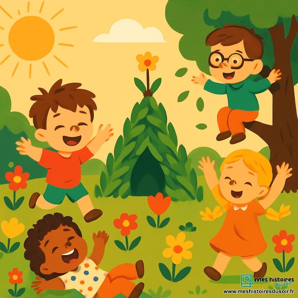 Un petit garçon de 2 ans, Tom, avec des cheveux bruns en bataille et un grand sourire, saute de joie dans un jardin ensoleillé. À côté de lui, Lili, une petite fille de 3 ans aux cheveux blonds tressés, danse entourée de fleurs colorées. Max, un garçon de 4 ans avec des cheveux châtains et des lunettes, grimpe à un arbre en lançant des feuilles. Zoé, une petite fille de 3 ans aux cheveux bouclés, est allongée sur l'herbe en riant. Le jardin est rempli de fleurs éclatantes, de grands arbres et d'une pelouse bien entretenue. Au centre, un château fait de branches est en construction, avec une petite fleur en haut comme drapeau. Les enfants s'amusent ensemble, créant un moment de bonheur et d'amitié.